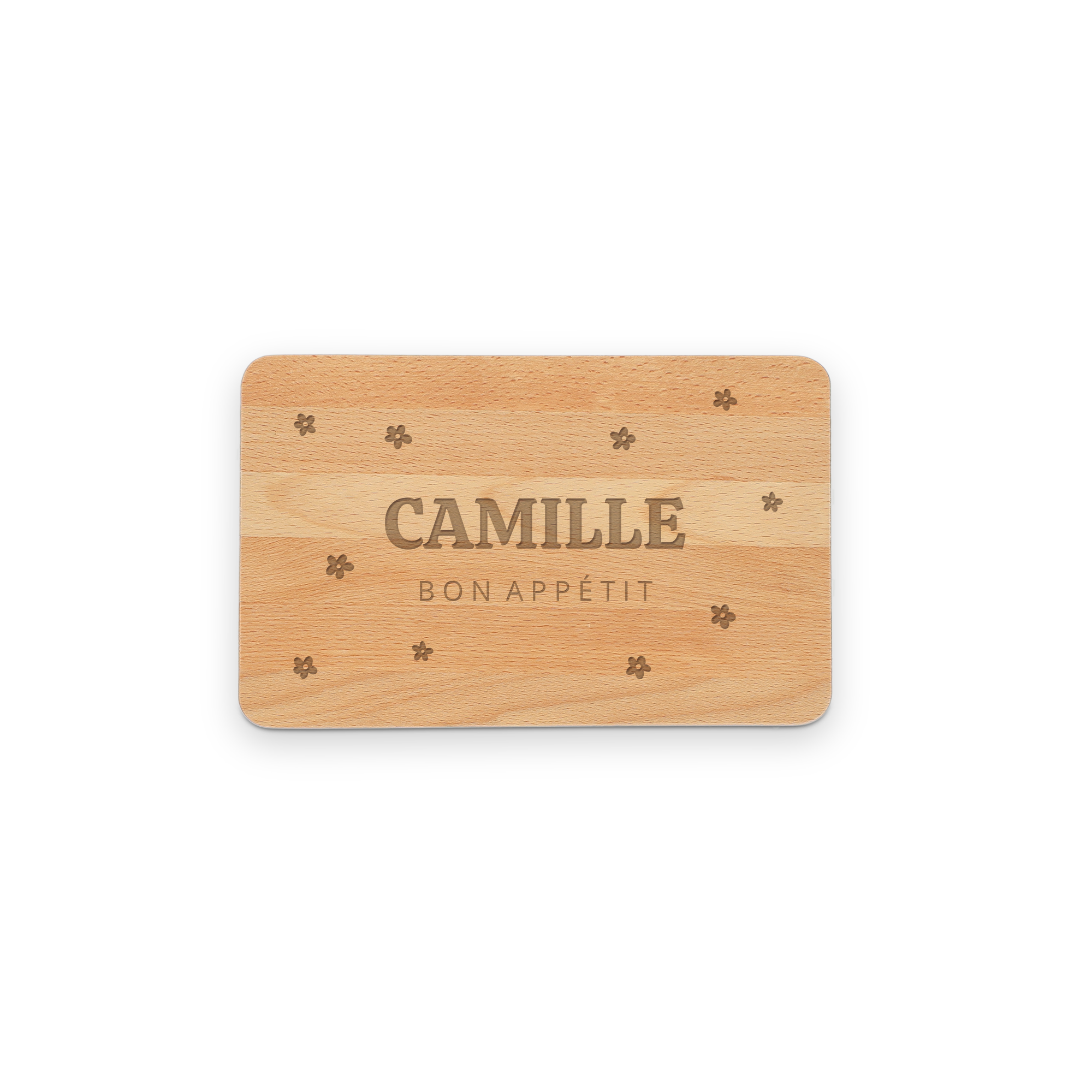 Planche à pain en hêtre massif gravée dun nom Camille et Bon Appétit avec des motifs fleurs, un cadeau unique