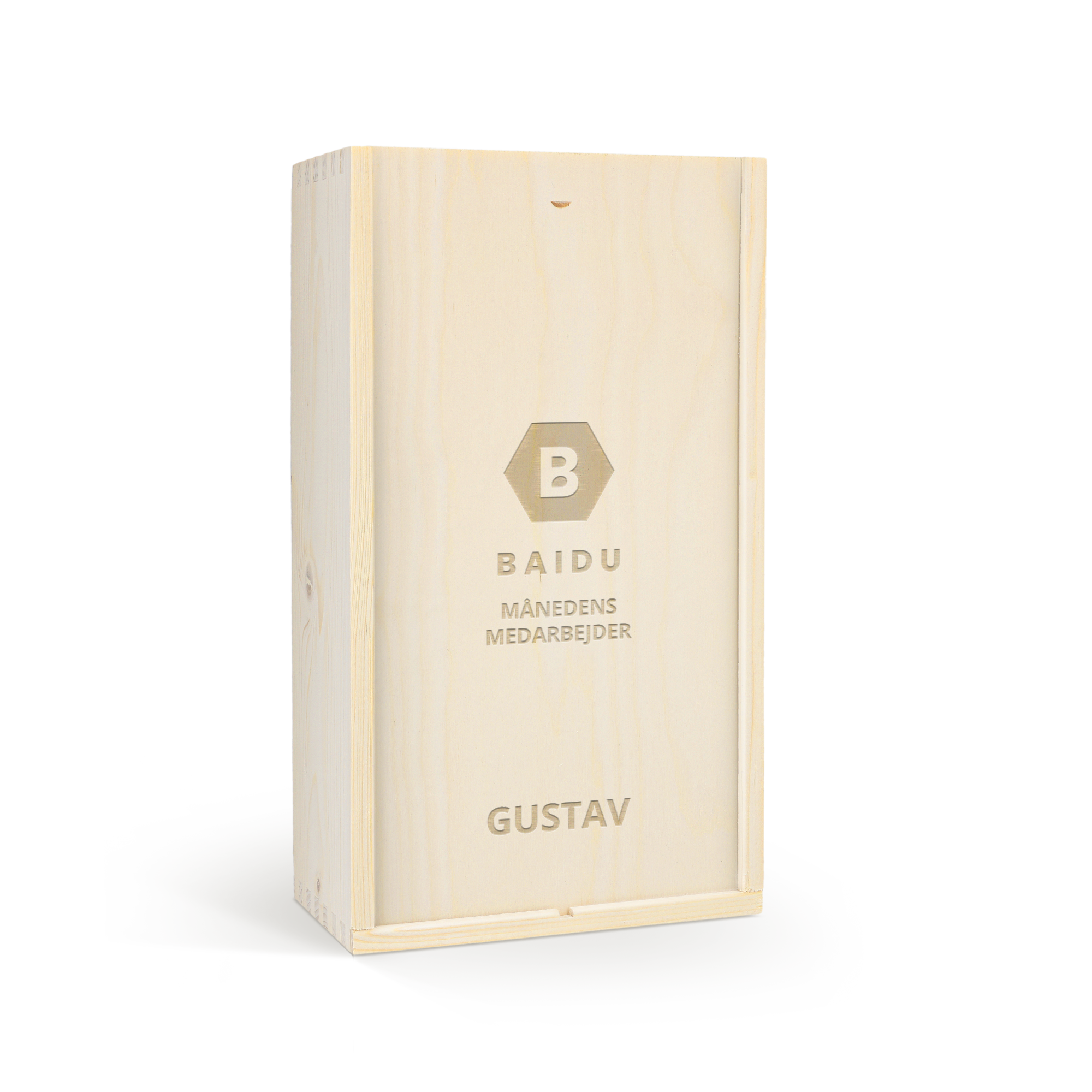 Personlig vin trækasse i lyst træ, indgraveret med logoet "Baidu" og teksten "Månedens Medarbejder Gustav".