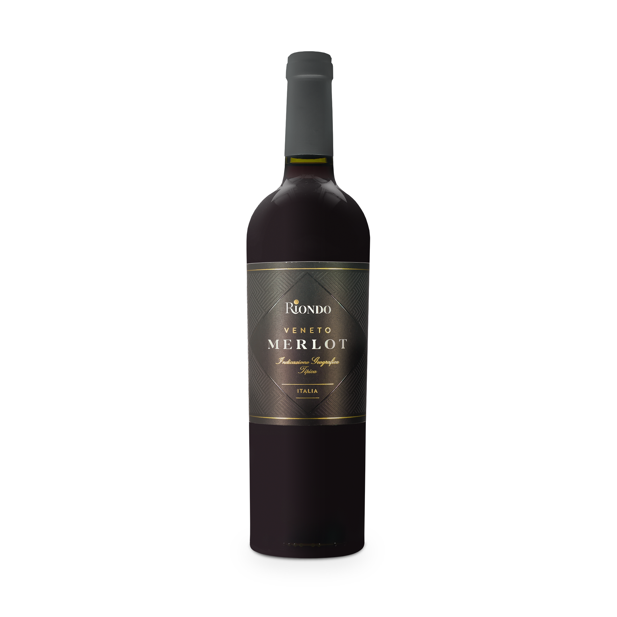 Láhev vína Riondo Merlot s černou etiketou, kterou si můžete navrhnout s vlastní fotkou a textem.