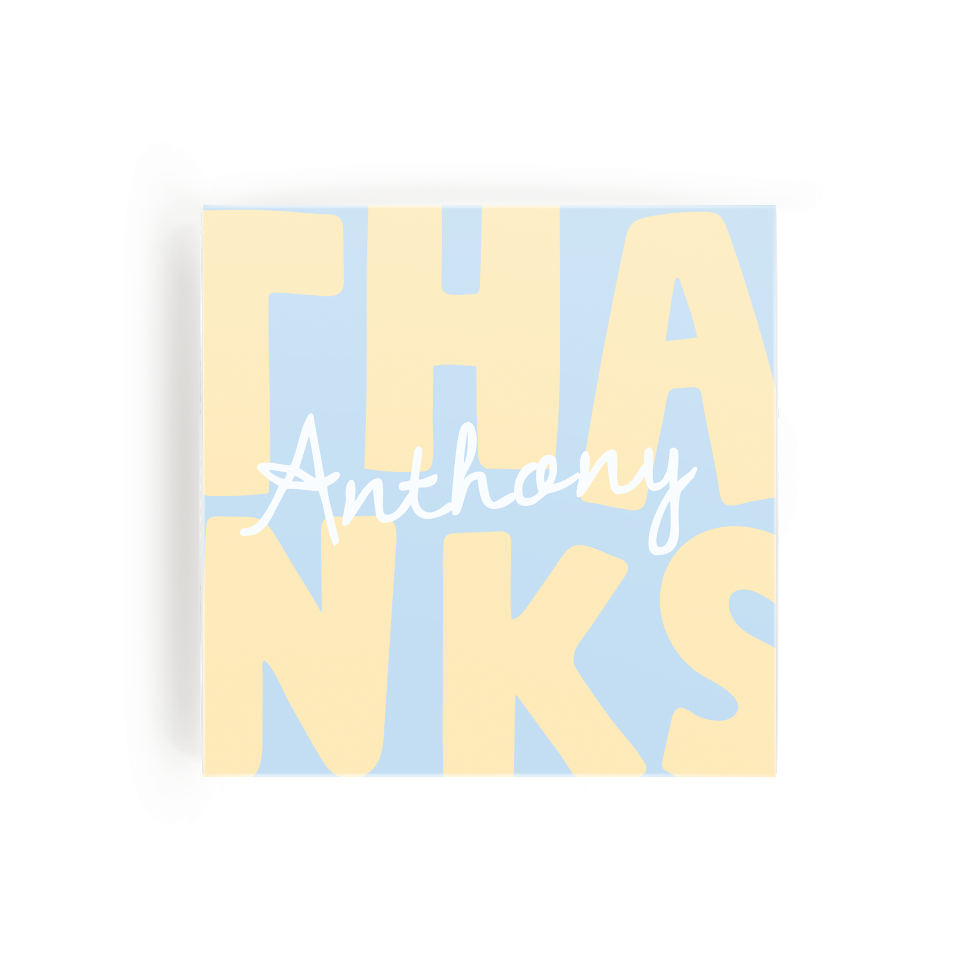 Personalised chocolate Ritter Sport Pistachio bar with a blue and yellow design and the name Anthony printed on it