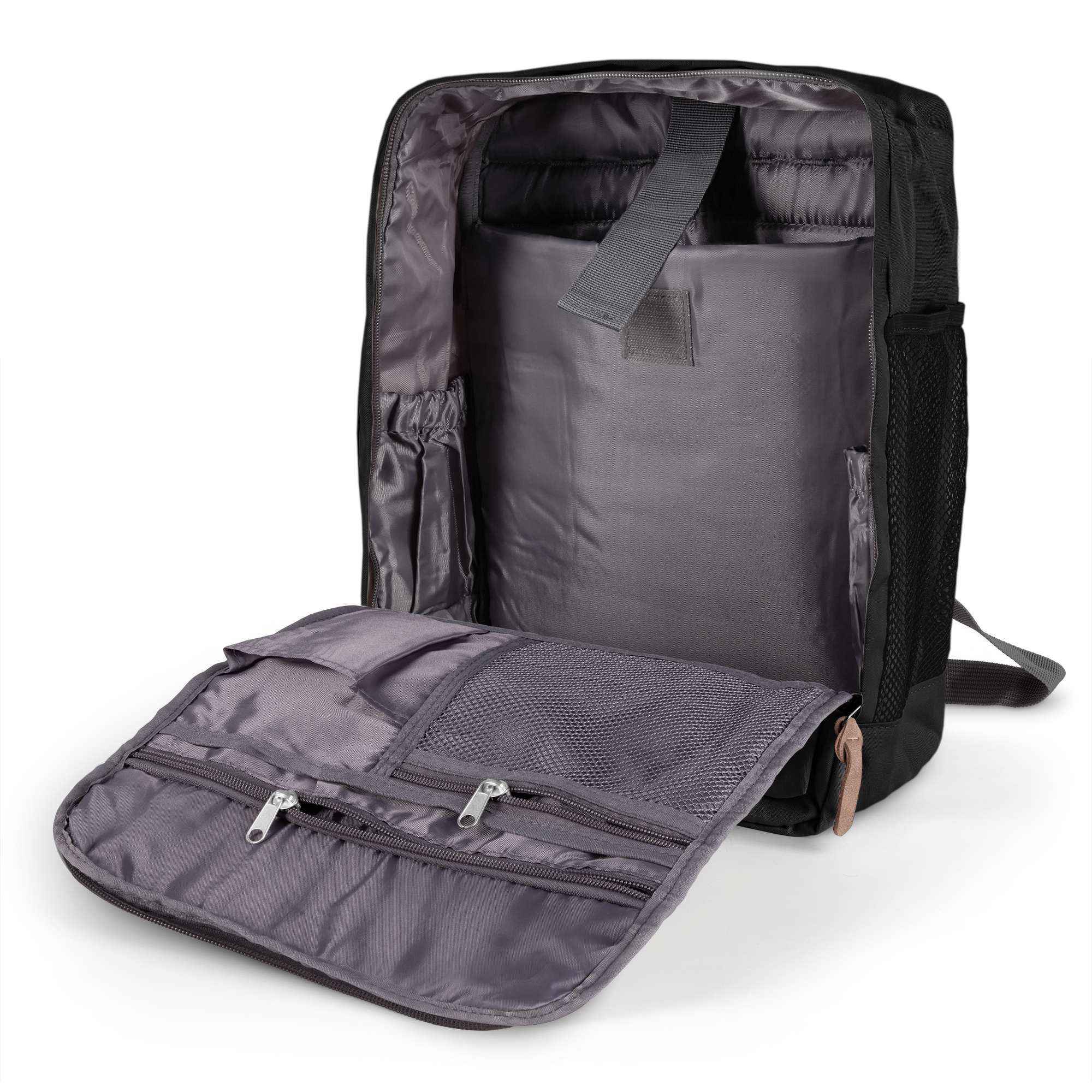 Rucsac personalizat cu numele dorit, negru, deschis, cu interior gri și buzunare laterale din plasă, cu fermoare deschise, compartiment laptop.
