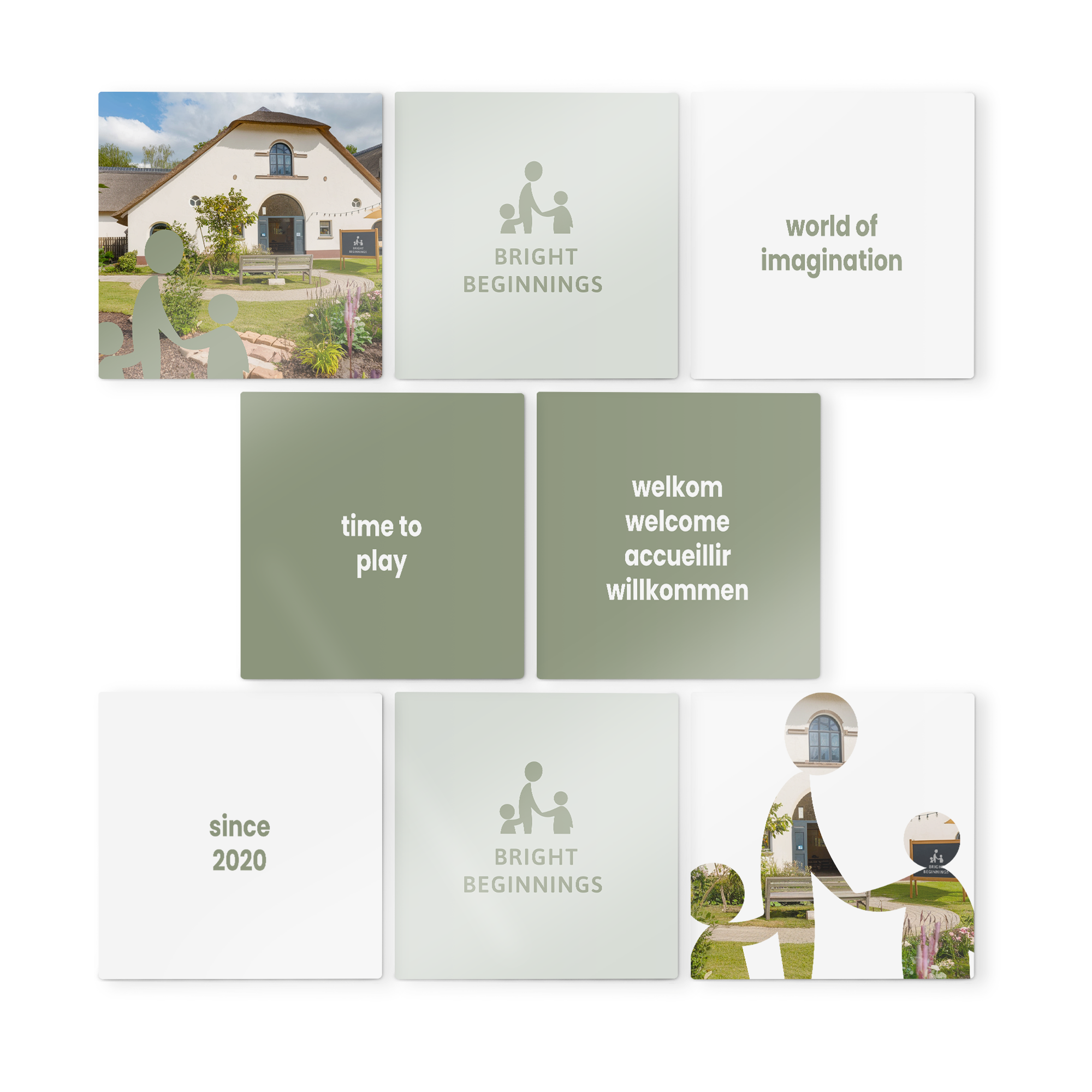 Paneles de arte de madera con fotos impresas de una casa, los textos "Bright Beginnings" y "Since 2020". Decora tu pared con paneles de arte de madera que presentan tu diseño.