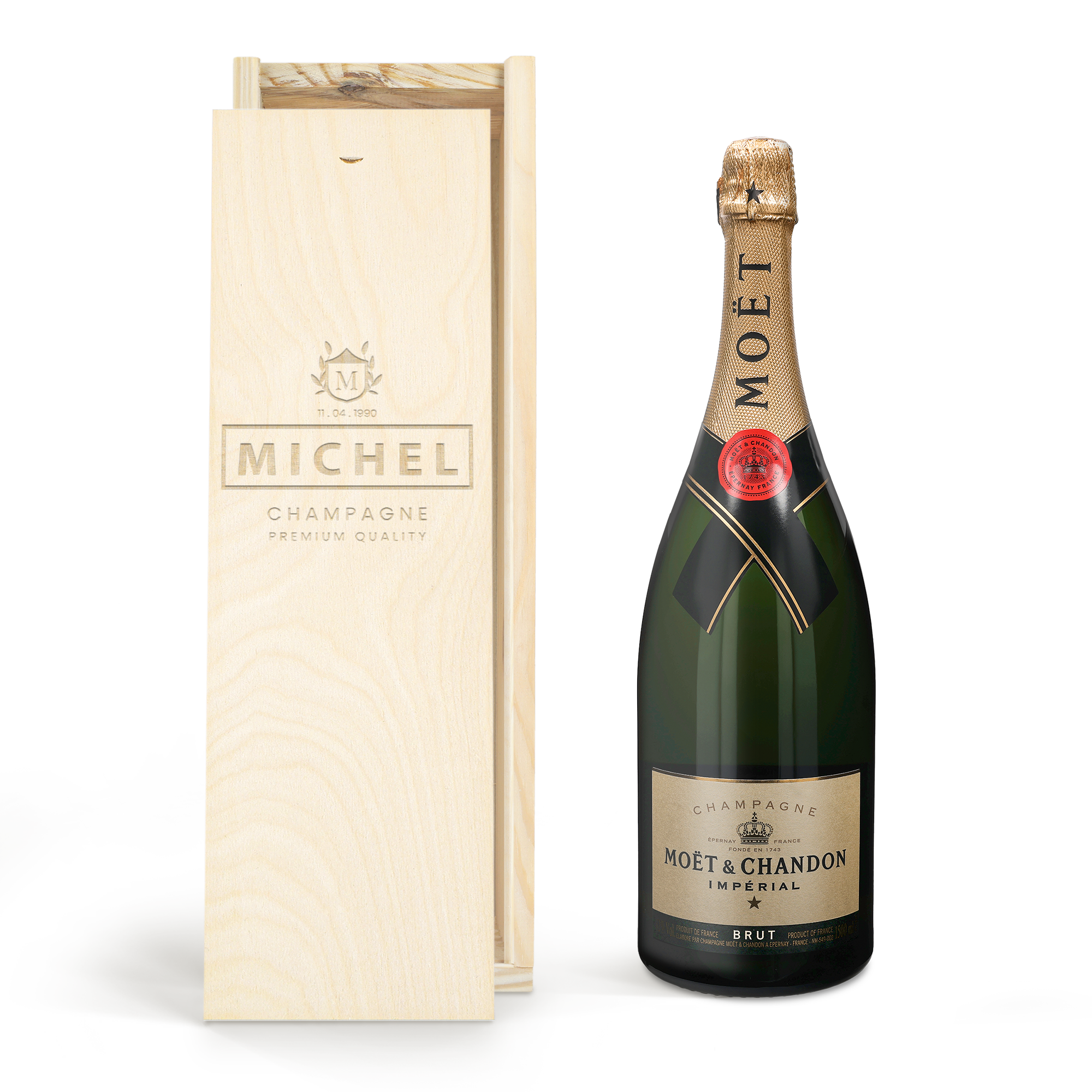 Moët & Chandon champagne i luksusgraveret kasse med "Michel" og "11.04.1990" indgraveret.