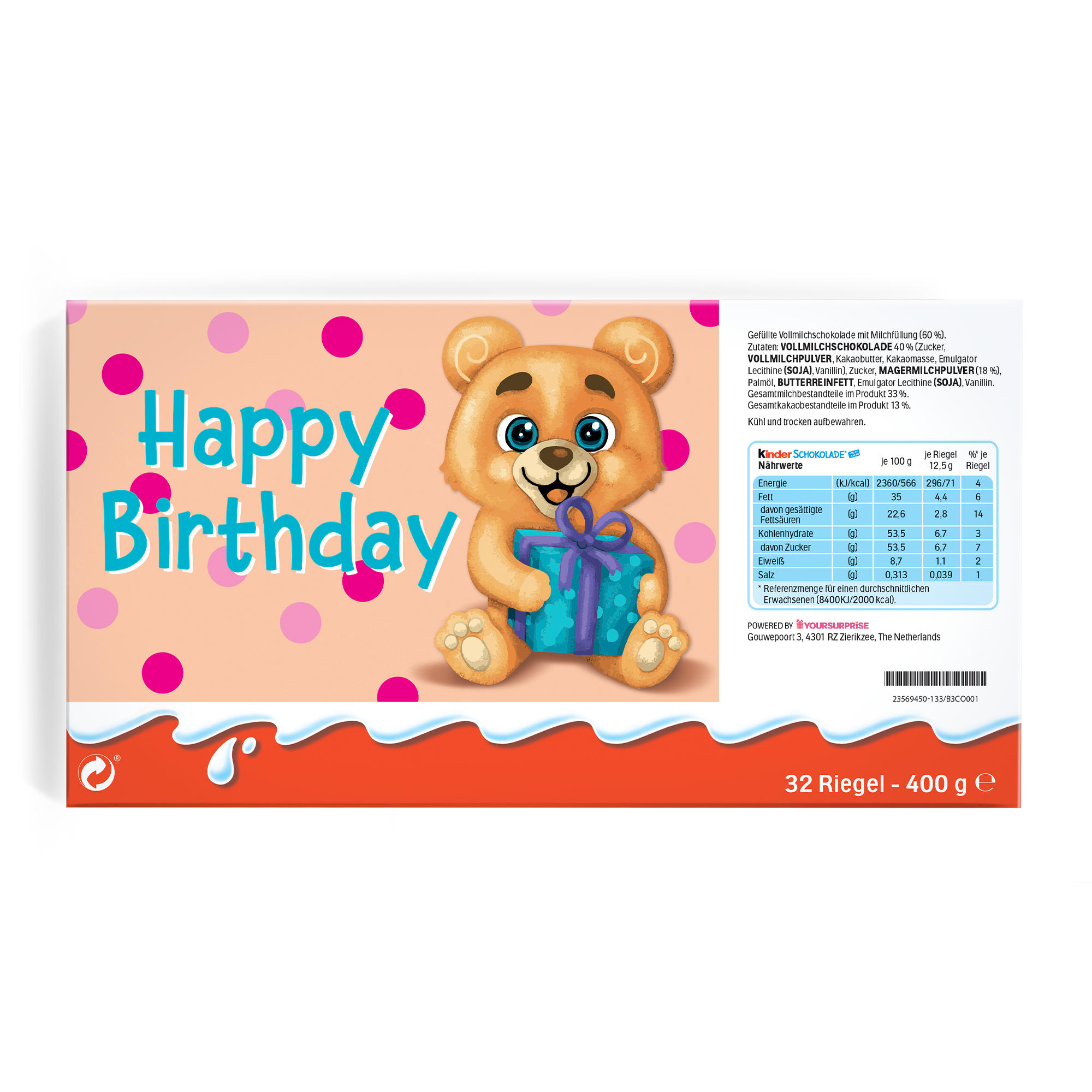 Mega Kinder Schokolade mit Foto und Namen - 400 Gramm, personalisiert mit Happy Birthday Text und Teddybär Motiv