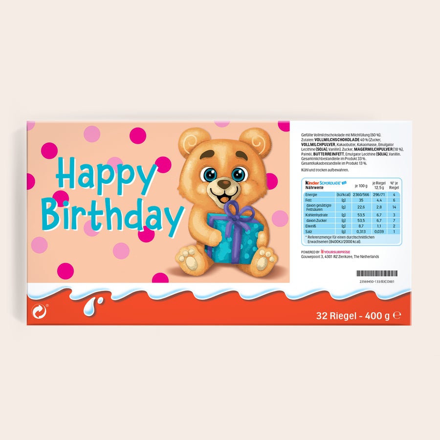 Mega kinder Schokolade mit Foto und Namen Mega kinder Schokolade mit Namen – 400 Gramm mit bedruckter Happy Birthday-Verpackung und Teddybär.