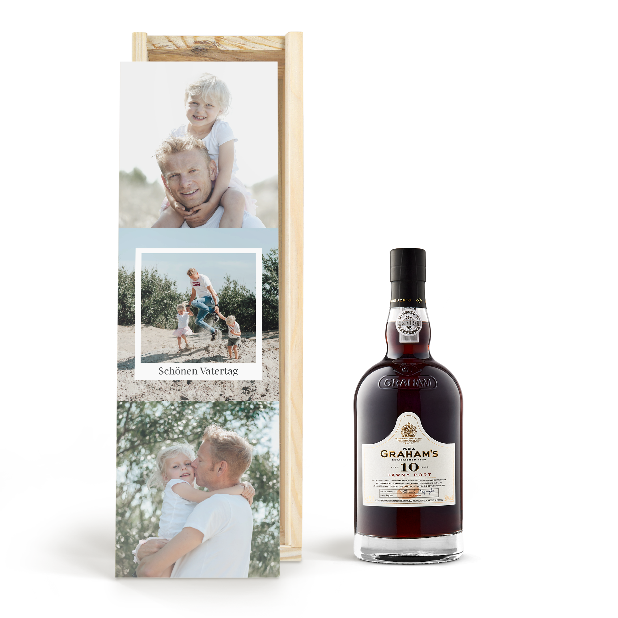 Flasche Graham's 10 Years Cask Matured in personalisierter Holzkiste mit drei Fotos und dem Text "Schönen Vatertag".
