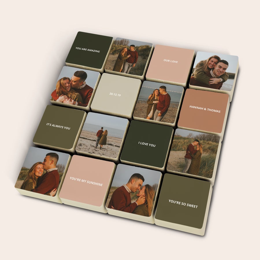 Csokoládé képpel Személyre szabott csokoládé praliné puzzle kedvenc fotóid és üzenetek nyomtatásával, finom meglepetés