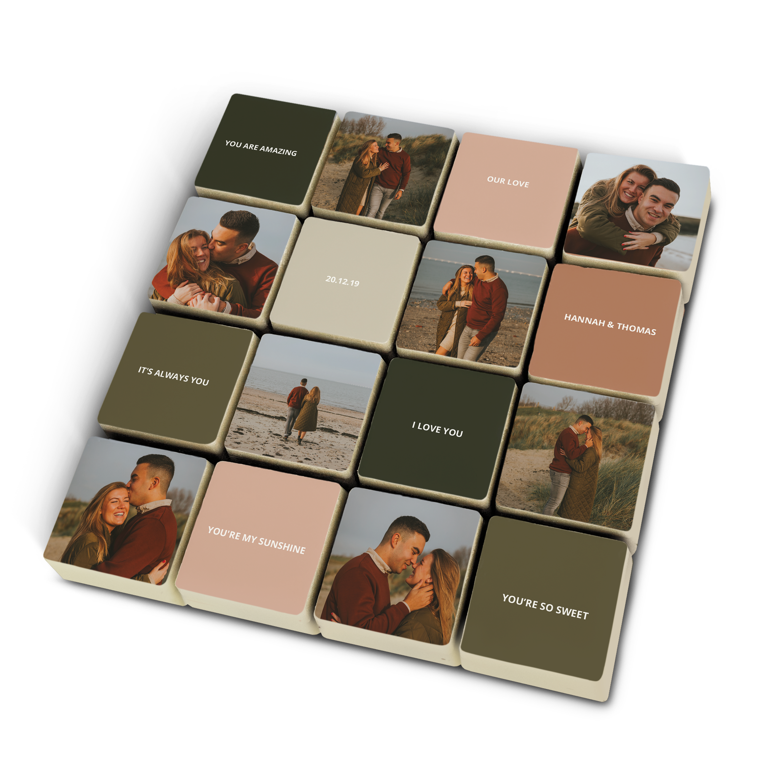 A set of chocolate pralines, some printed with a favorite photo of a couple, others with romantic messages and a date.