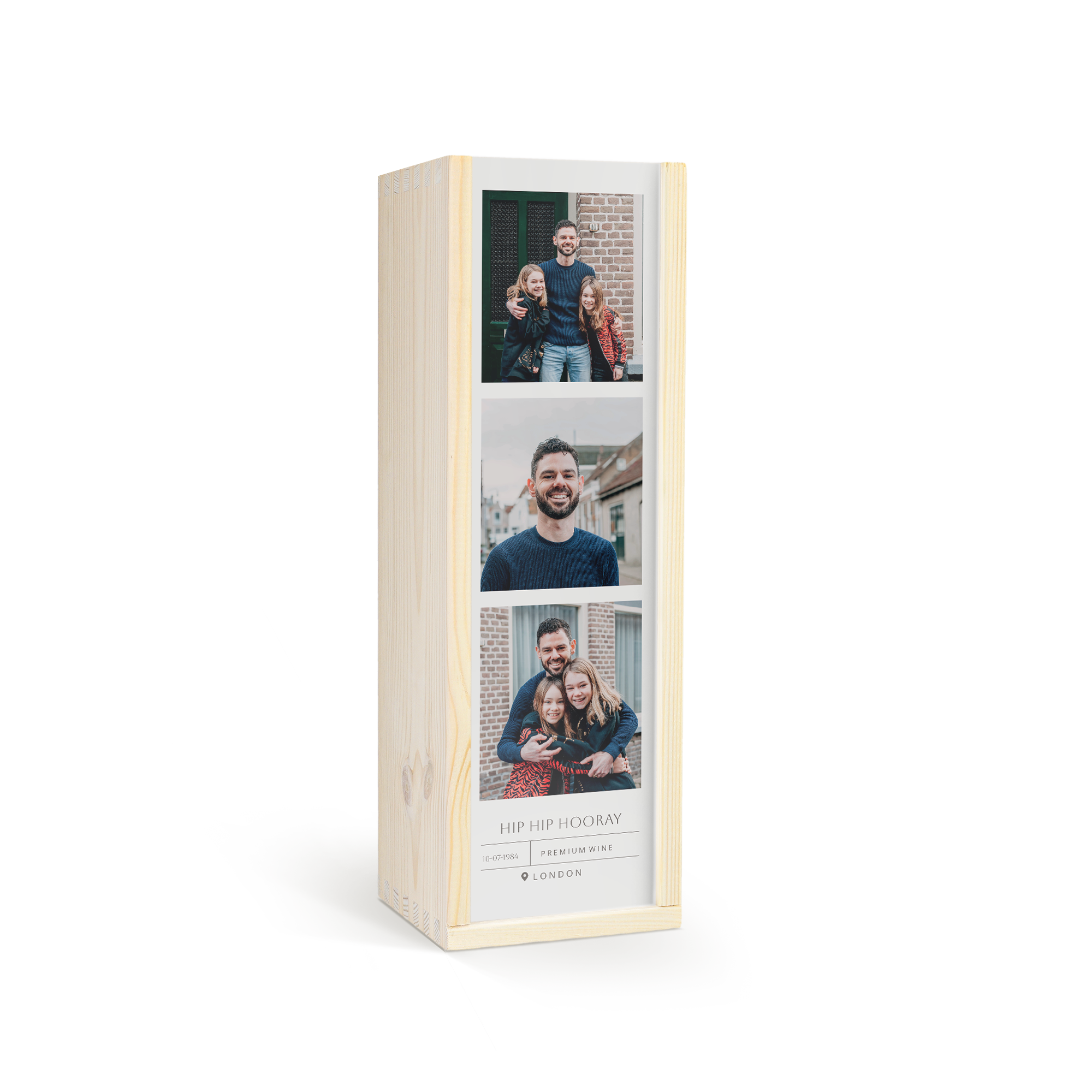 Wooden liquor box with custom printed photos and text "Hip Hip Hooray"