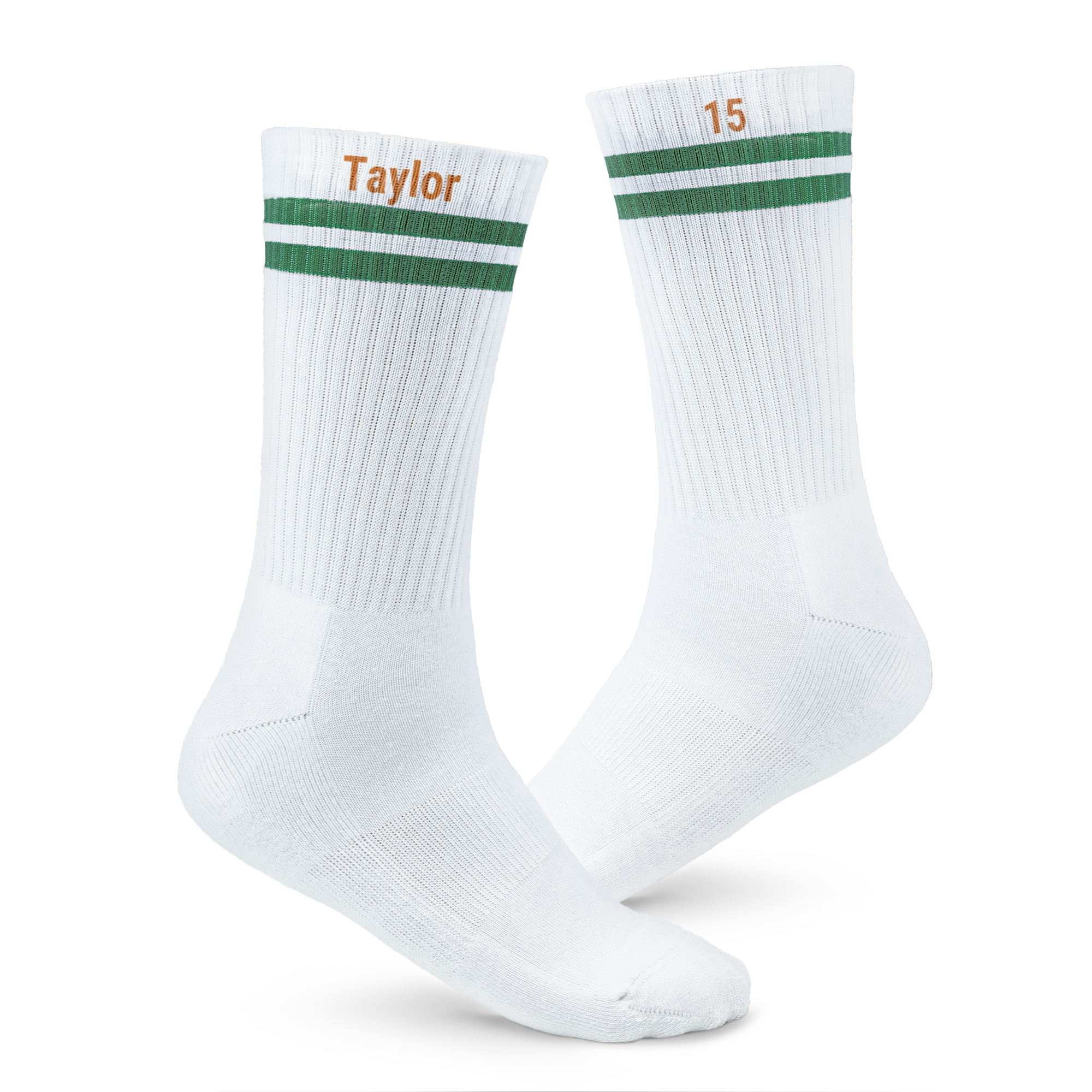 Pair of white sports socks with green stripes, one printed with "Taylor" and the other with "15" on the ankle.