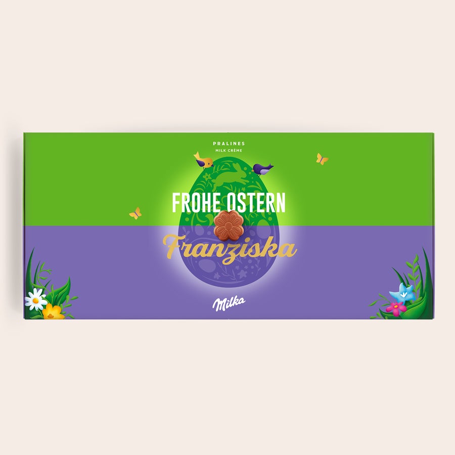 Milka Pralinen Ostern Personalisierte Milka Pralinen in einer Box mit österlichem Hasenmotiv und dem aufgedruckten Namen Franziska, ideal für Überrasche deine Liebsten zu Ostern