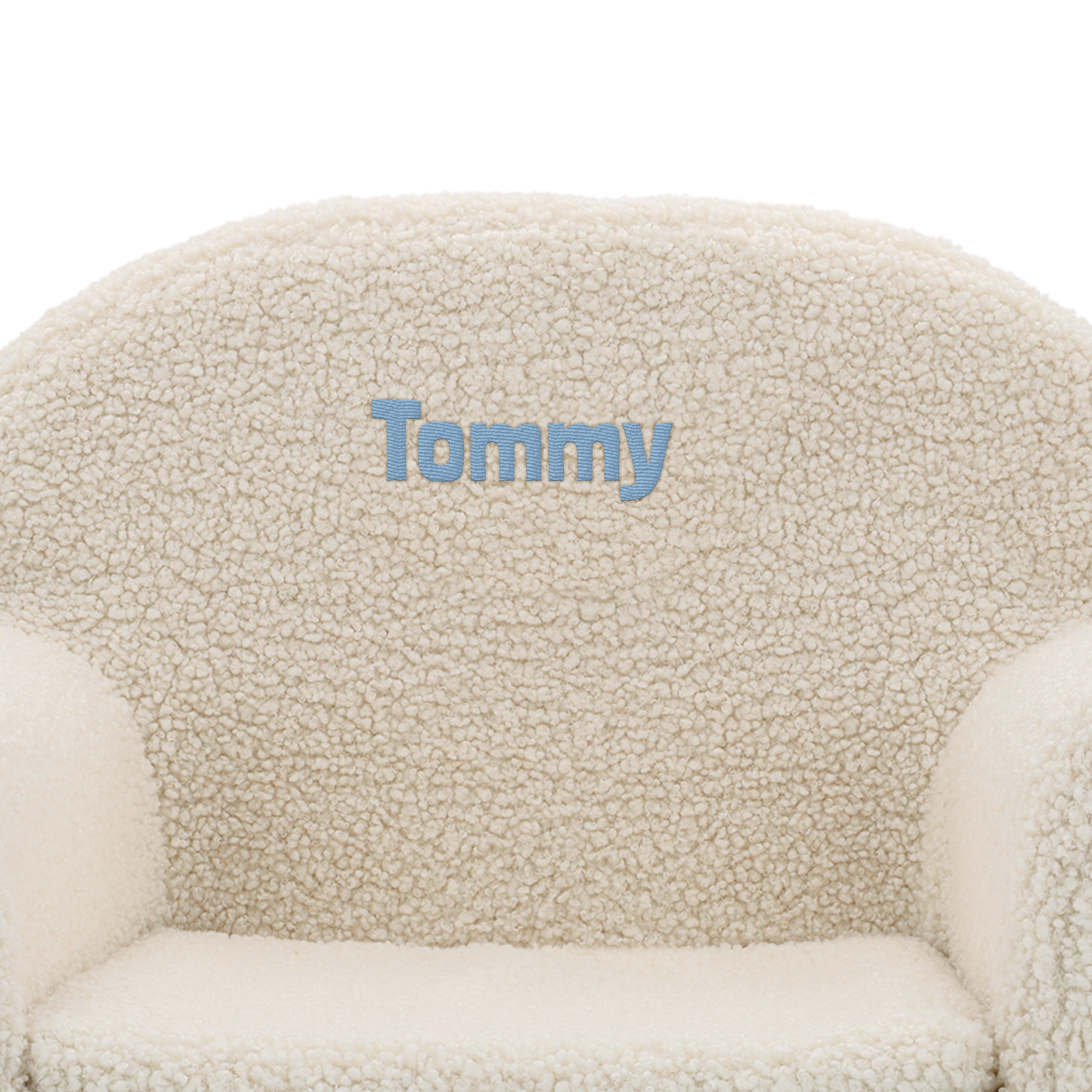 Prispôsobené detské plyšové kreslo s vyšívaným menom Tommy modrým písmom
