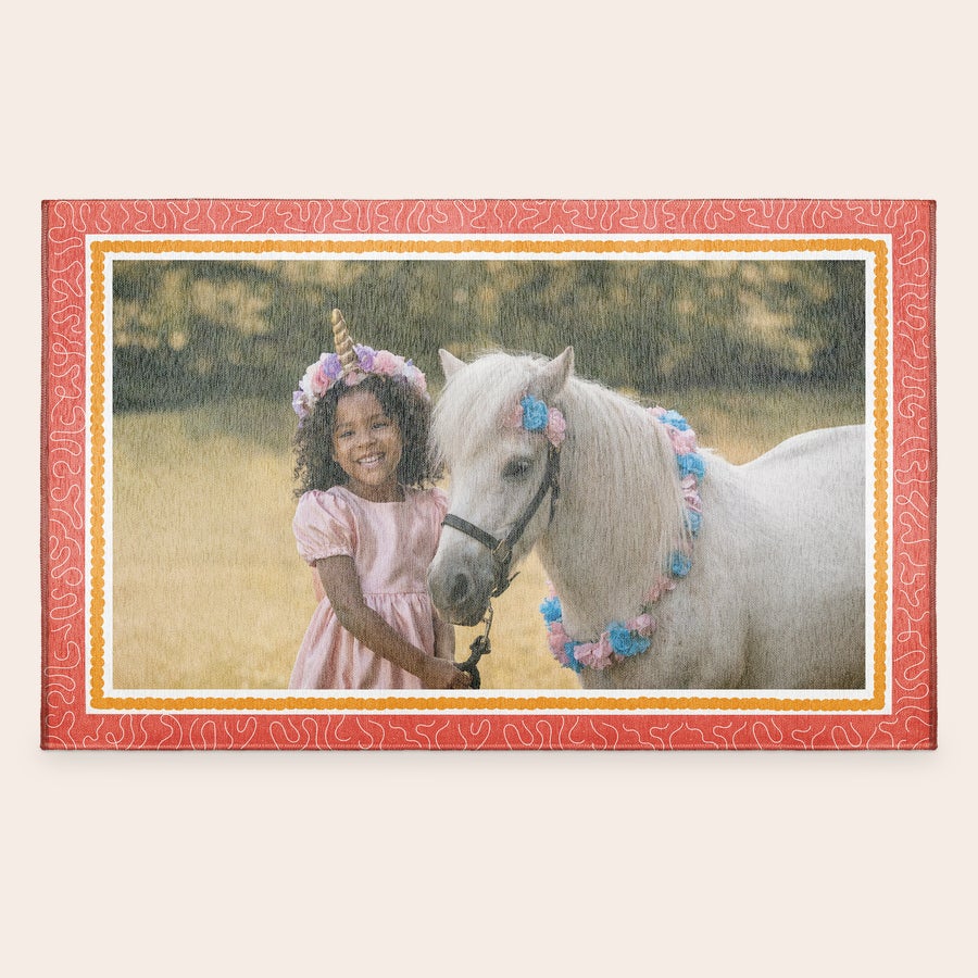 Printed Play Mat Personalized play mat printed with a photo of a girl in a unicorn headband next to a white pony