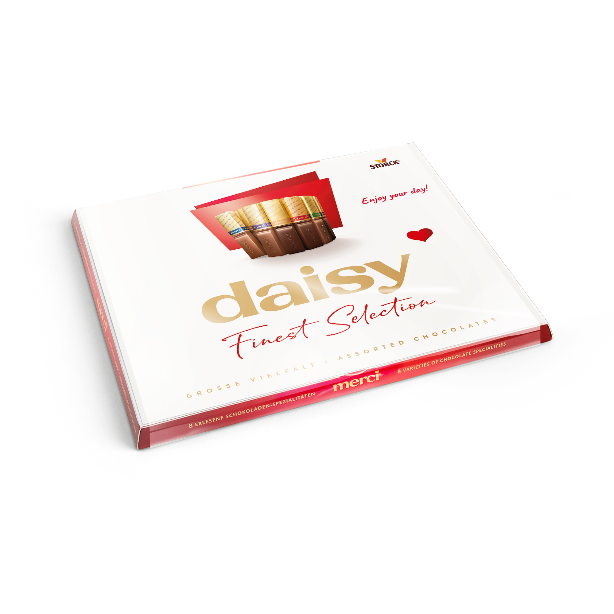 Chocolate merci com cartão festivo - 250 gramas. Embalagem branca personalizada com nome Daisy e coração vermelho.