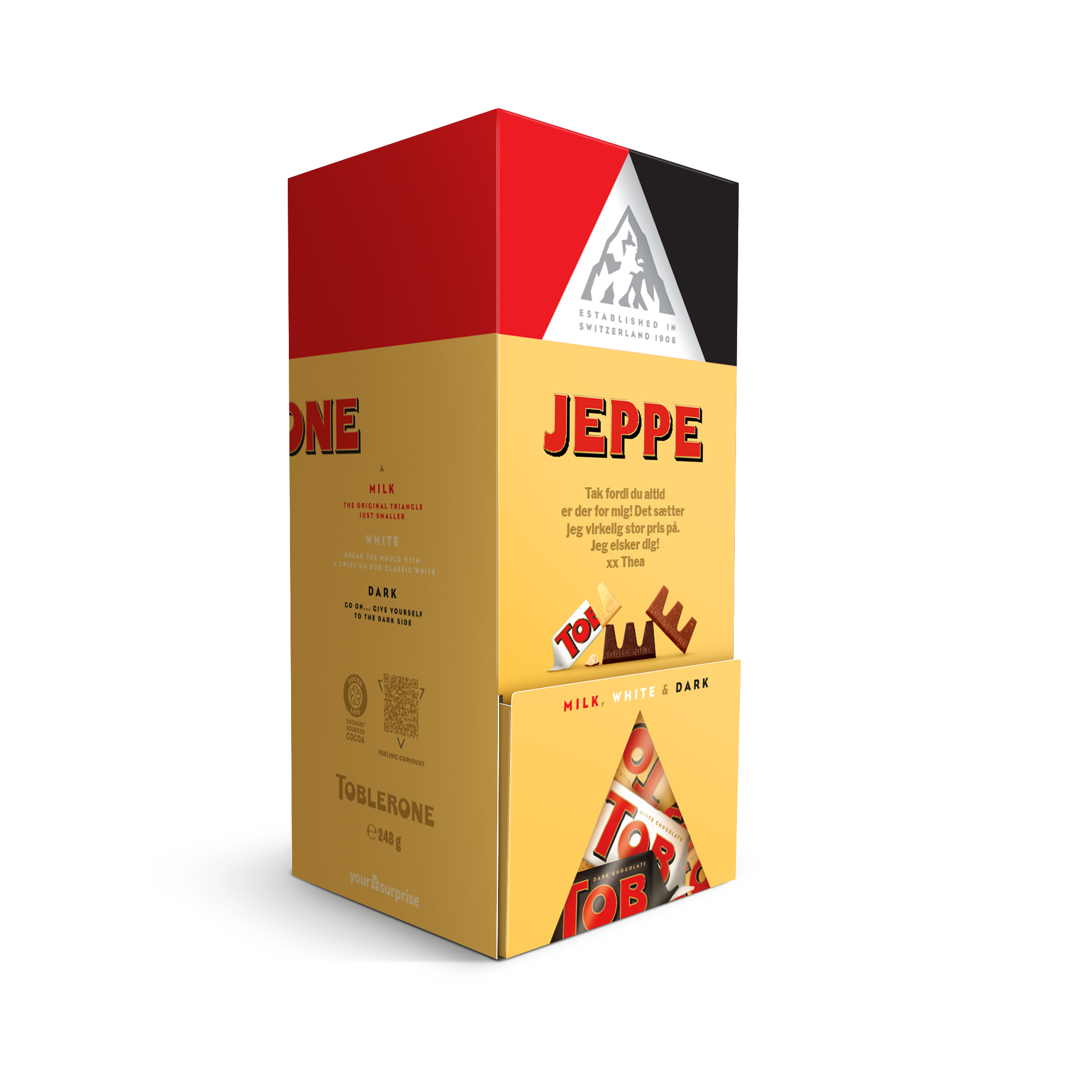 Personlig Toblerone-chokoladedispenser med navn JEPPE og trykt besked fra Thea