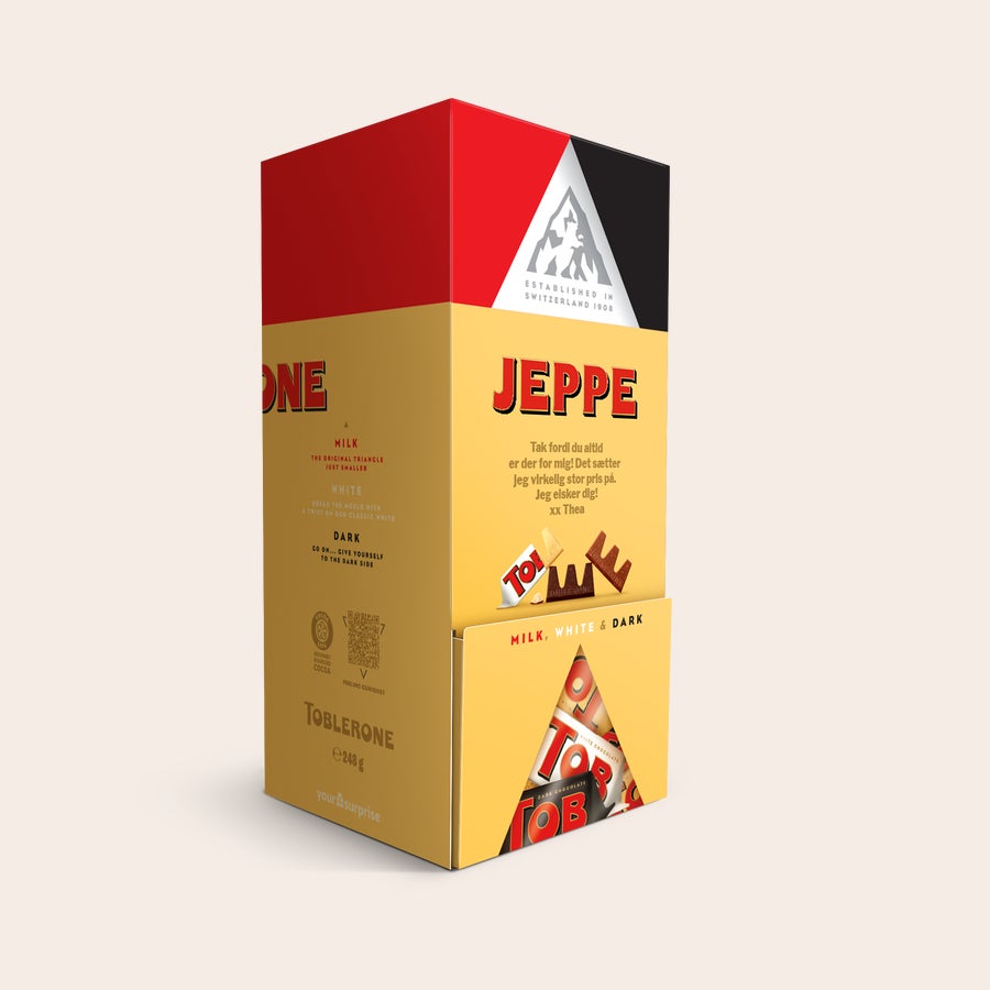 Toblerone chokolade dispenser Personlig Toblerone-chokoladedispenser med navn JEPPE og trykt besked fra Thea