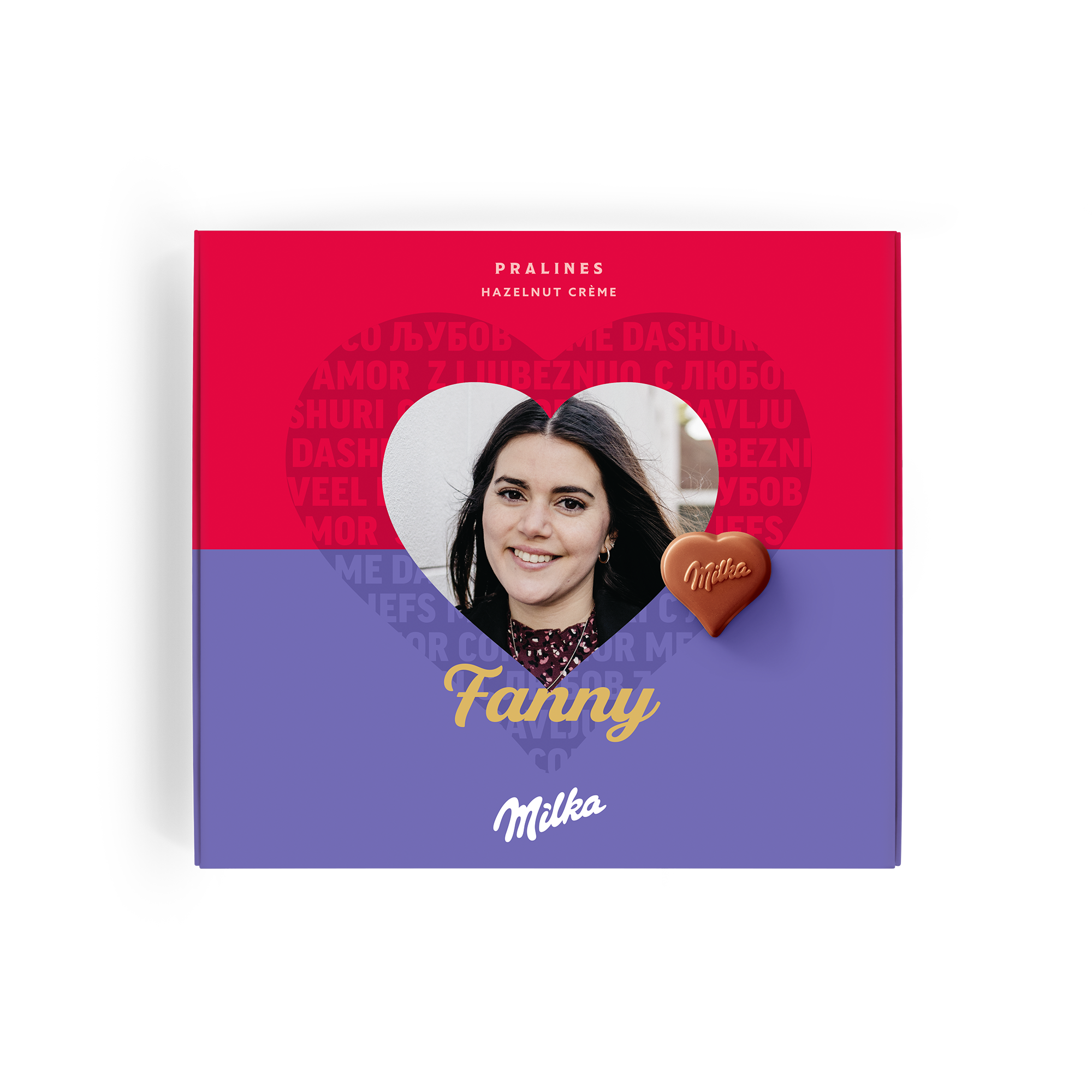 Säg det med Milka chokladbox med ett personligt foto i ett hjärta och namnet Fanny