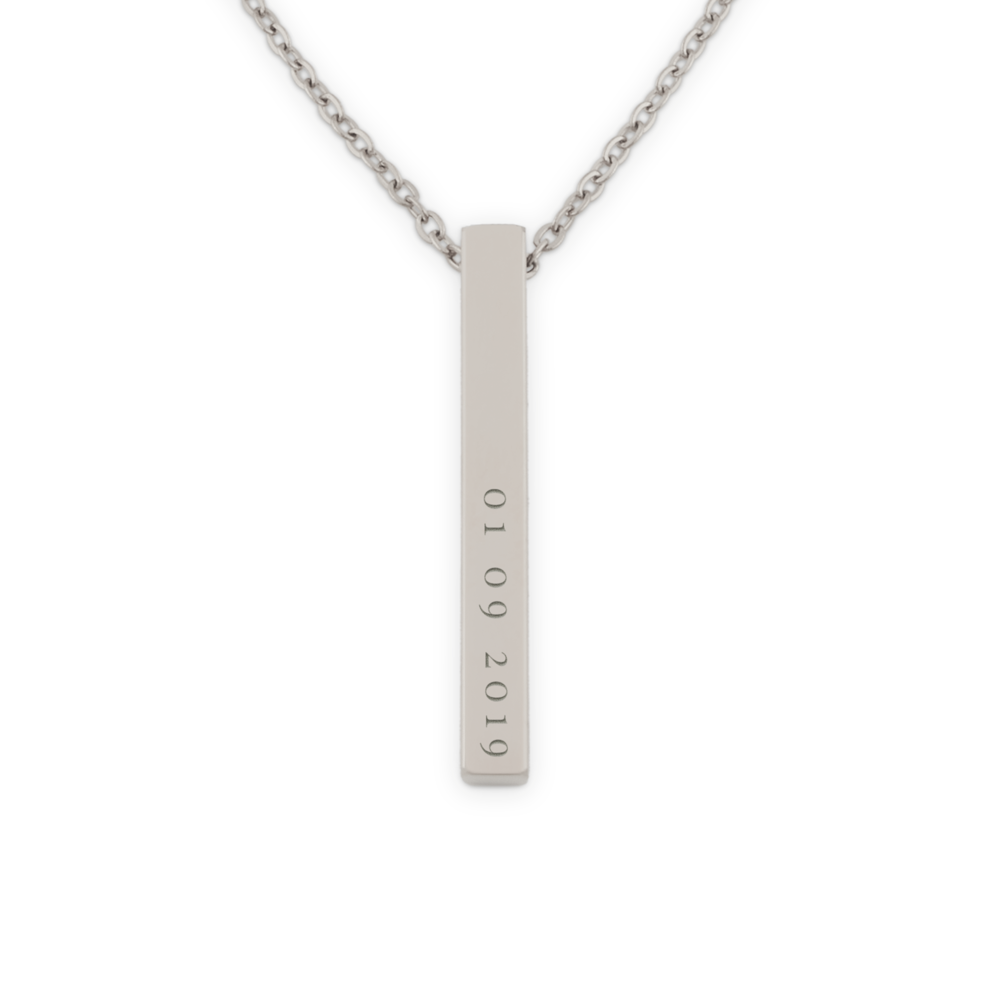 Silver personalized engraved bar necklace with the date 01 09 2019