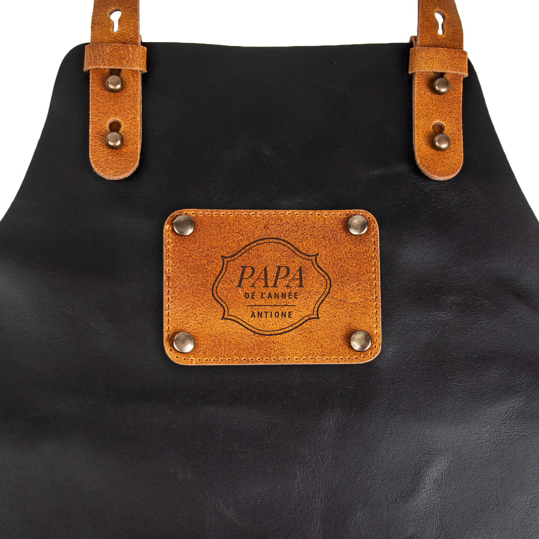 Tablier de cuisine en cuir noir personnalisé, avec étiquette gravée Papa de l'année Antione, transformez-vous en véritable chef