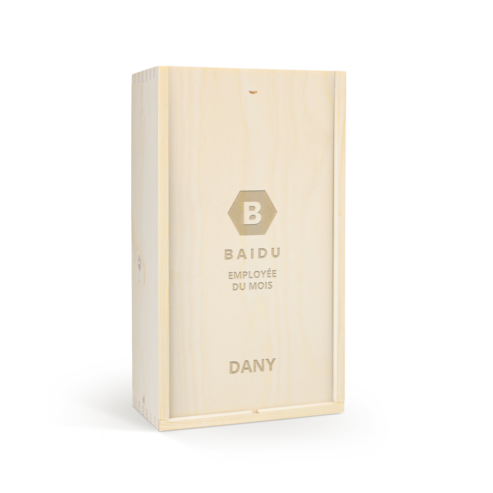Caisse à vin de luxe personnalisée en bois clair avec un logo et le nom Dany gravés