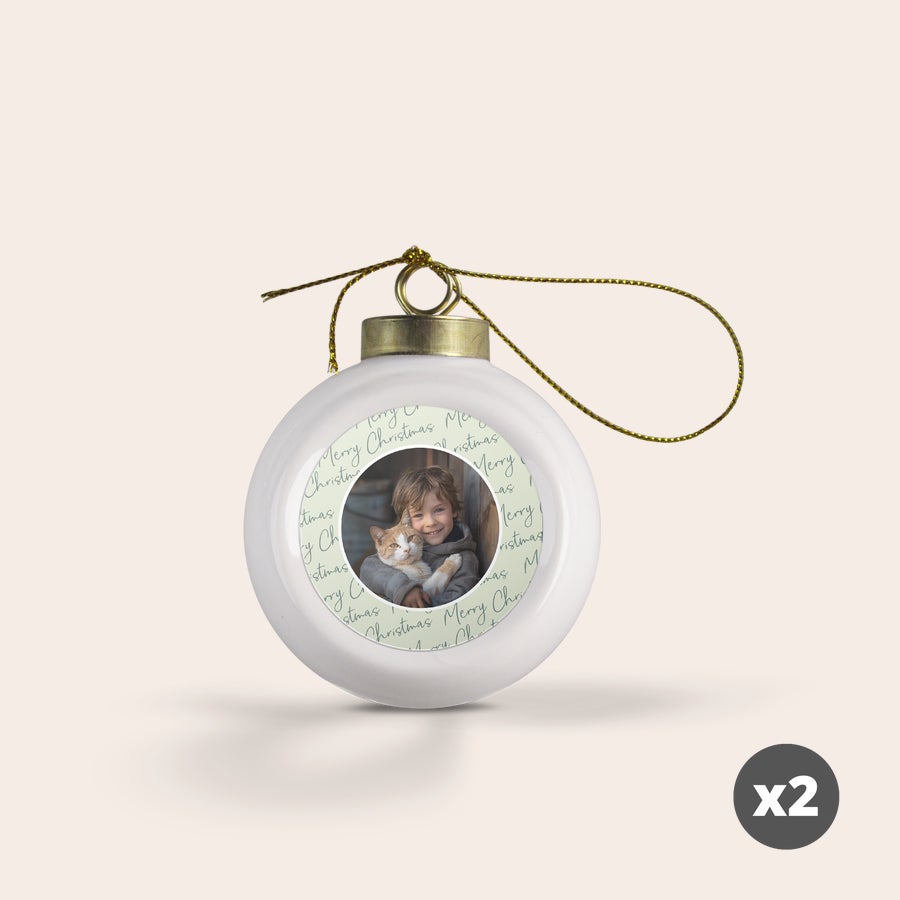 Christmas Baubles – Ceramic (2 pcs) White Christmas bauble printed with a child holding a cat and Merry Christmas text