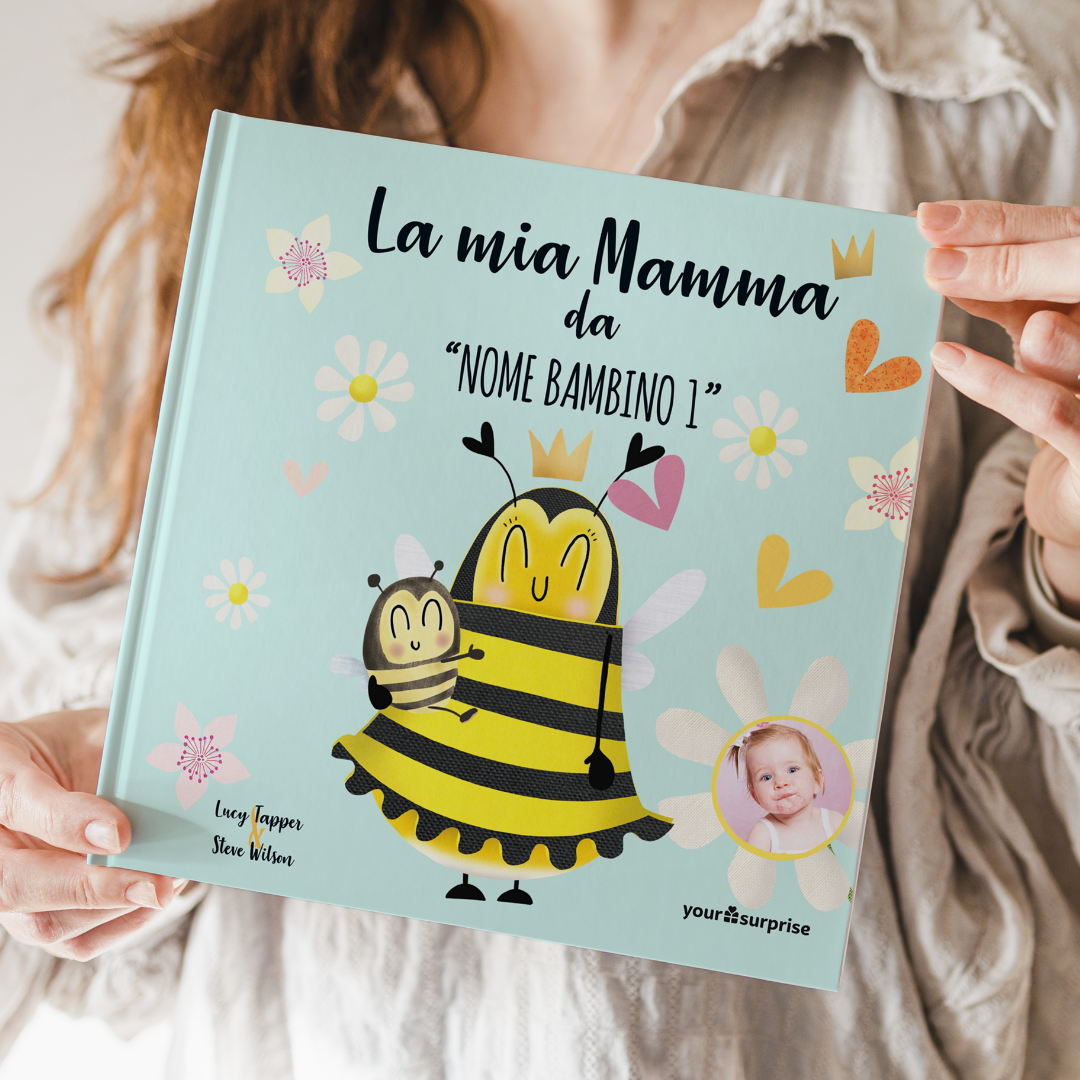 Libro personalizzato per bambini "La mia mamma" con copertina azzurra, mamma ape e foto, crea una storia bellissima con te e la tua mamma come protagonisti