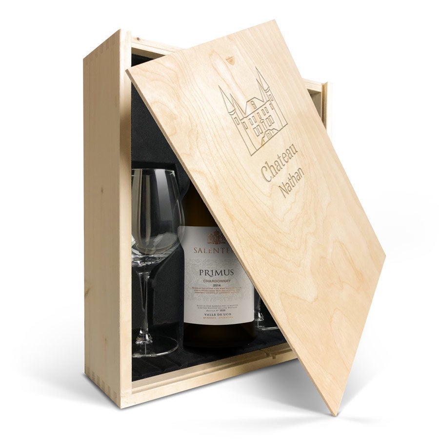 Vinpaket med vinglas - Salentein Primus Chardonnay - Graverad låda