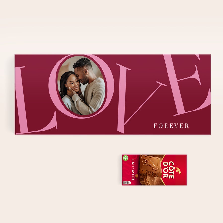 Méga tablette de chocolat Côte d'Or personnalisée Tablette de chocolat XXL Côte d'Or personnalisée - design YSP avec photo de couple et inscription "LOVE FOREVER" imprimées