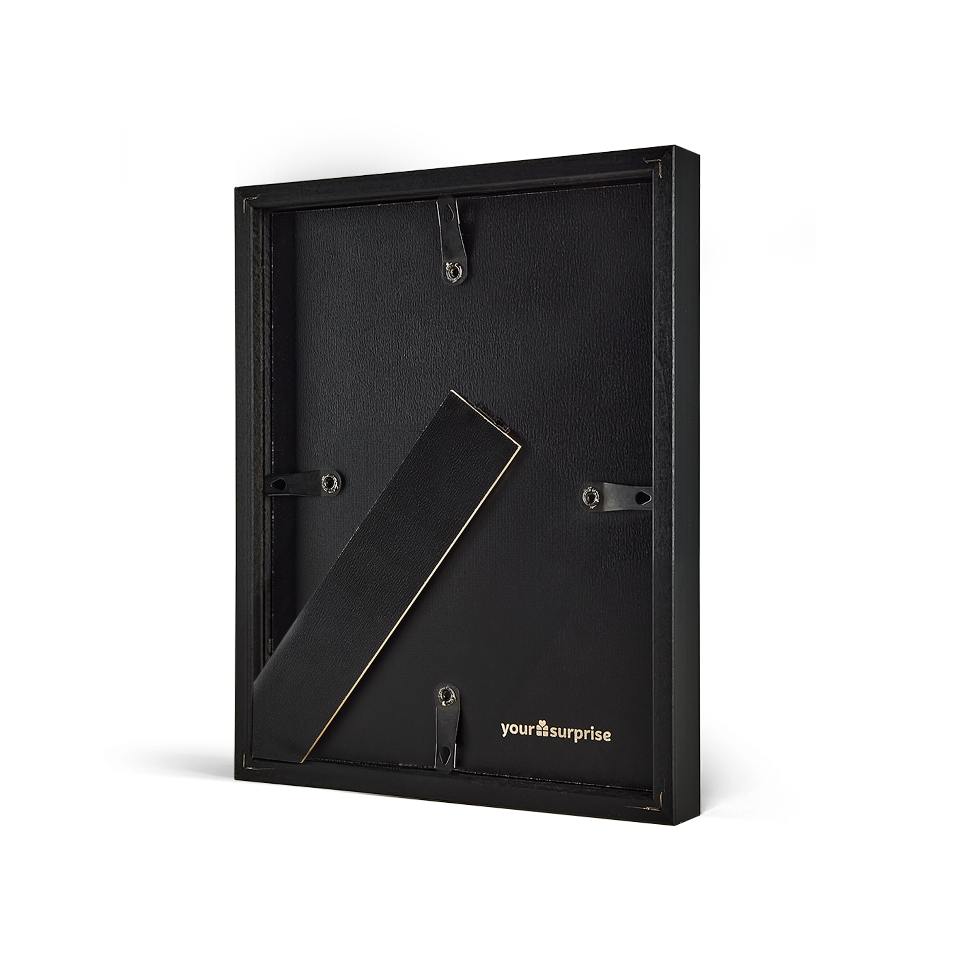 Back view of a personalized photo print with a black frame showing the stand and hanging hooks