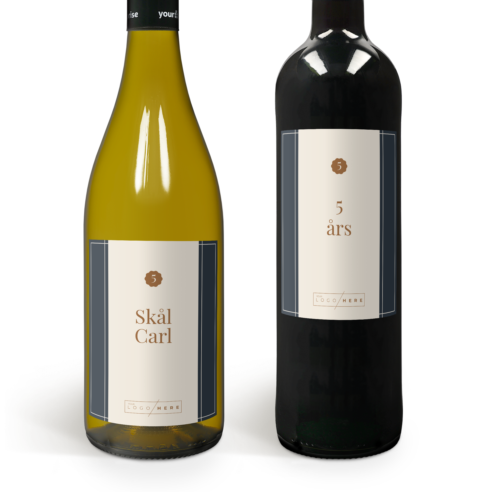 Maison de la Surprise vin gaveæske med personlig etiket. Hvidvin med "Skål Carl" og rødvin med "5 års" tekster.