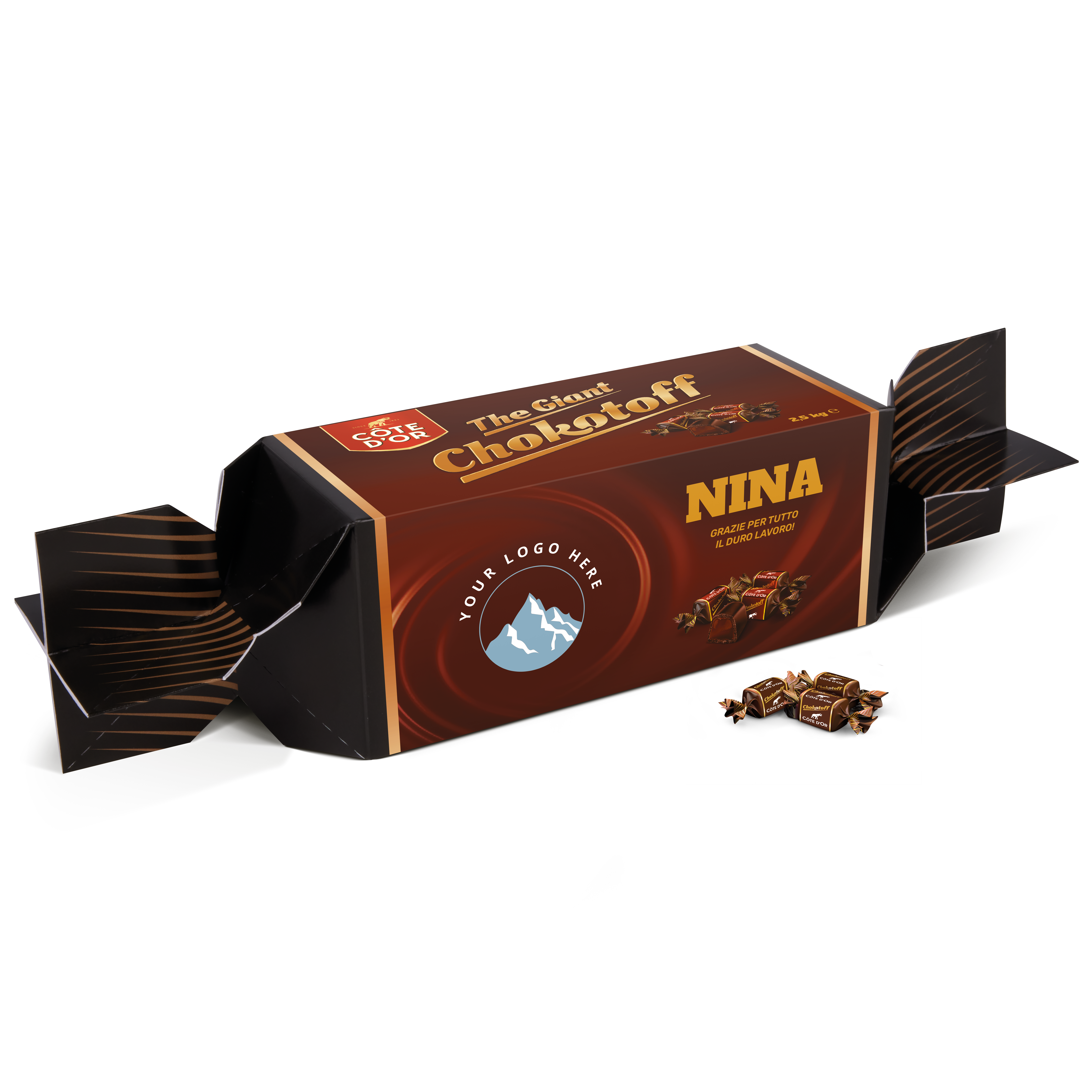 Chokotoff Gigante Personalizzato con scatola marrone stampata con il nome Nina e un logo personalizzabile