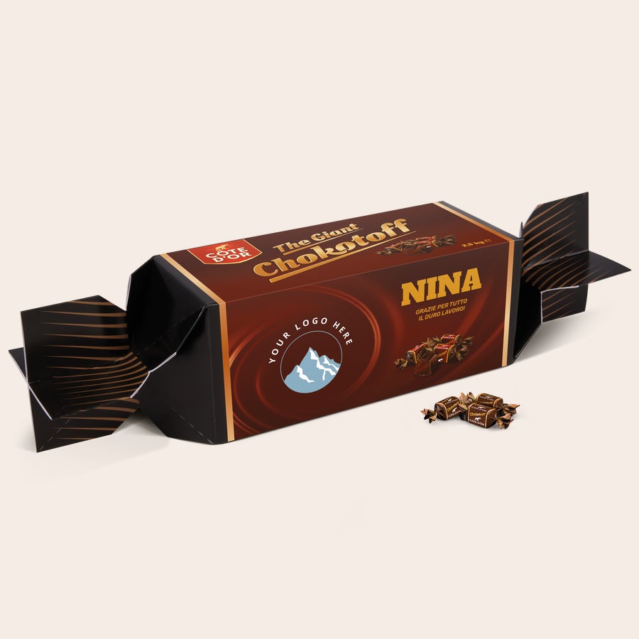 Chokotoff personalizzato con nome e foto Chokotoff Gigante Personalizzato con scatola marrone stampata con il nome Nina e un logo personalizzabile