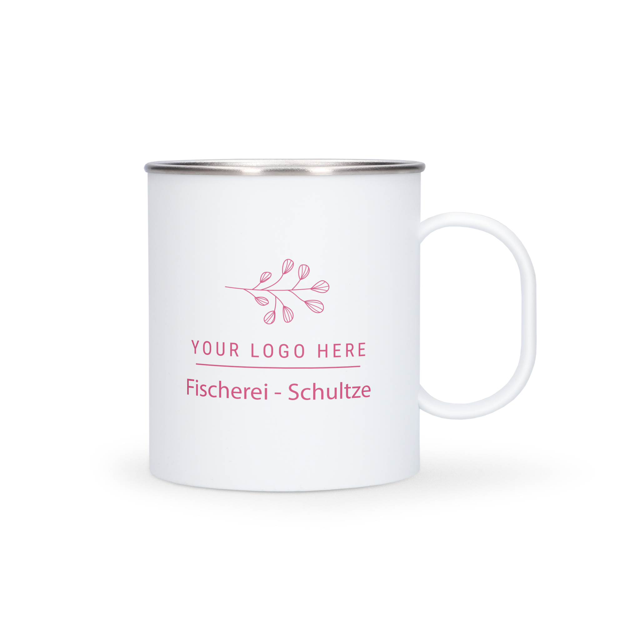 Eine extra leichte Tasse aus rostfreiem Stahl, personalisiert mit dem Logo Fischerei-Schultze und pinkem Blätter-Design