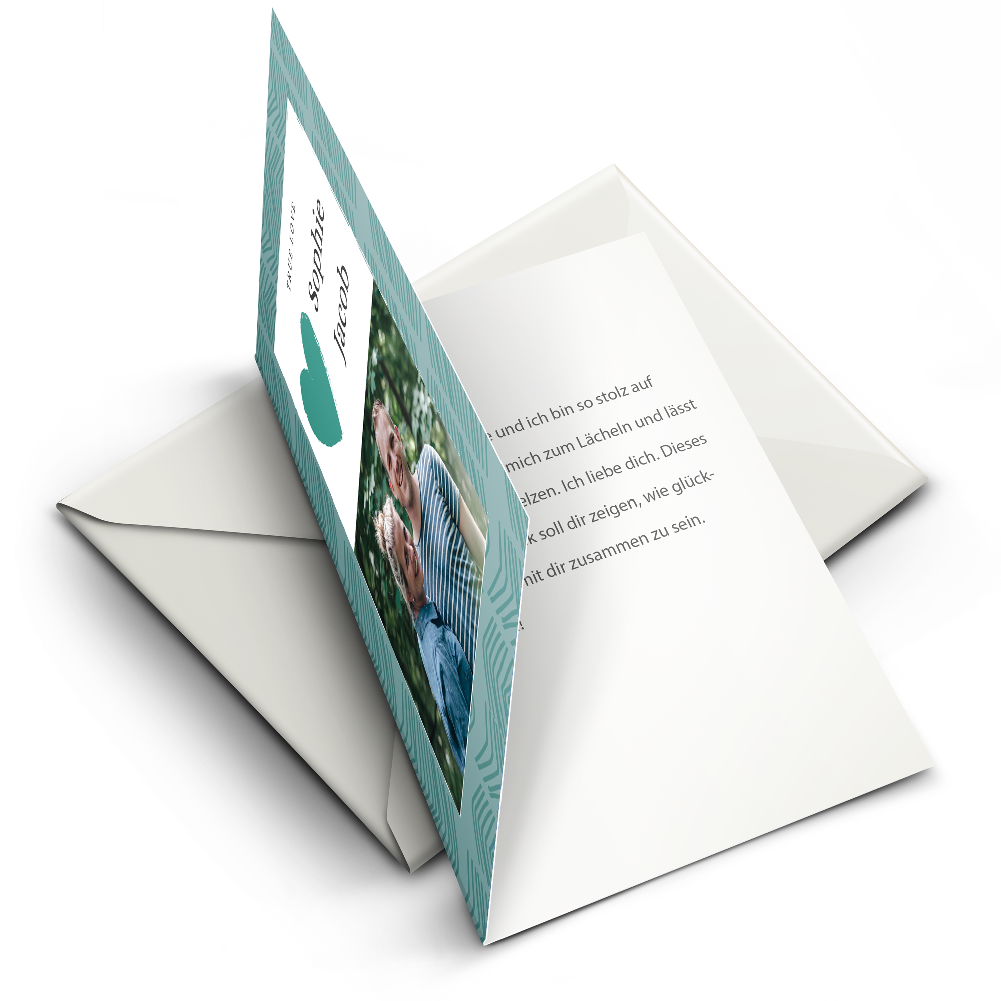 Personalisierte Valentinskarte mit einem Foto von Sophie und Jacob, gedruckt auf türkisfarbenem Muster.