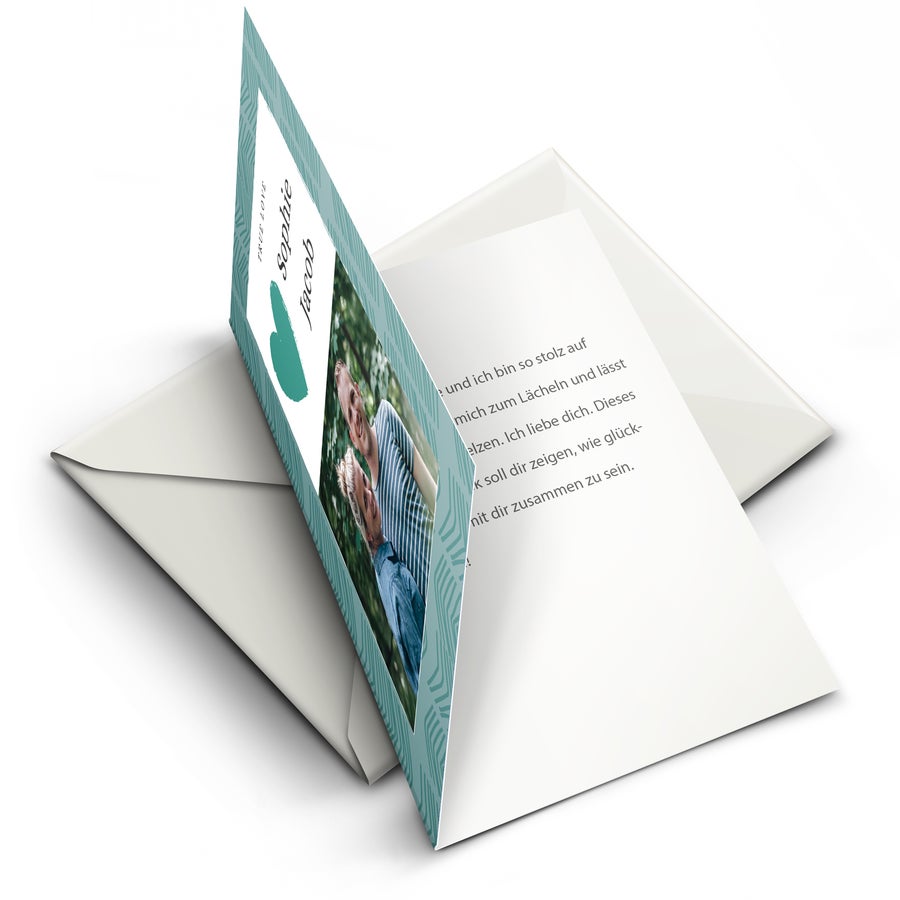 Valentinstag Karte Personalisierte Valentinskarte mit einem Foto von Sophie und Jacob, gedruckt auf türkisfarbenem Muster.