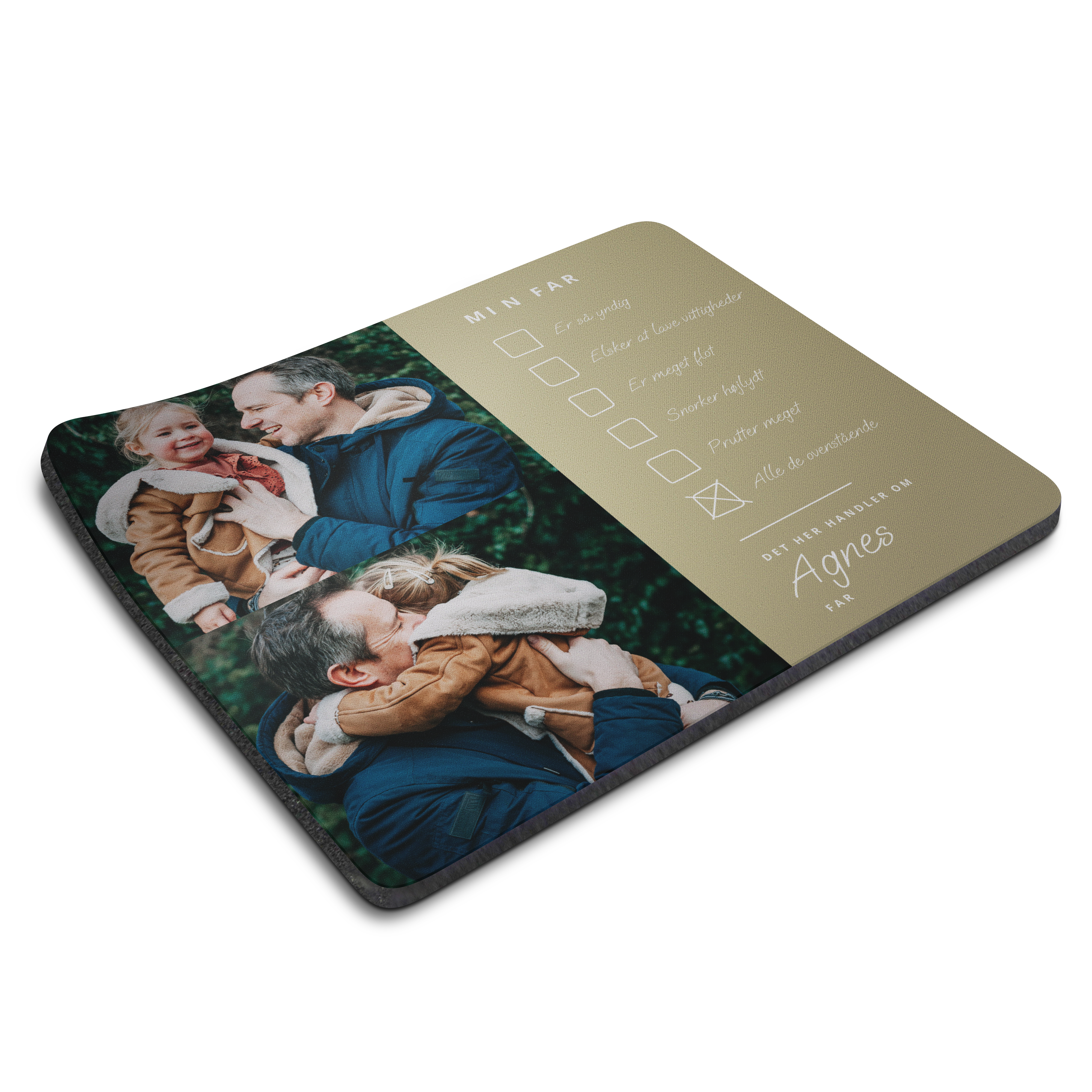 Personlig musemåtte med billede, trykt med et familiebillede og "Agnes Far"-tekst