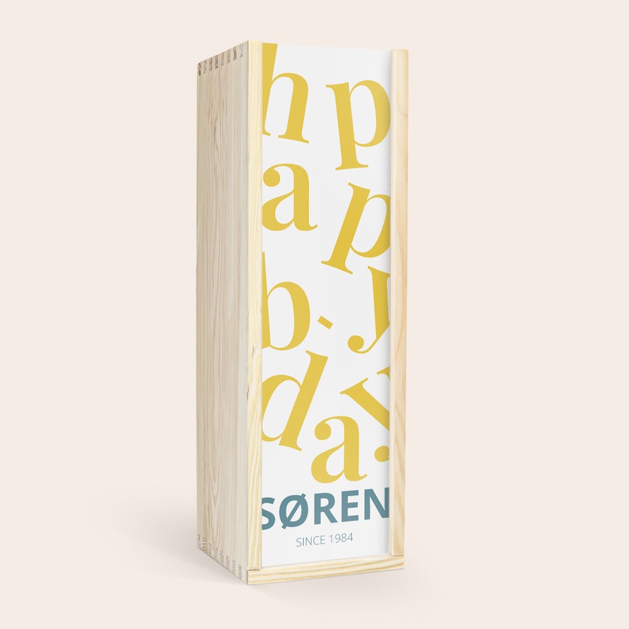 Portvin gaveæske med navn og billede - Grahams 10 Years Grahams 10 års kiste modnet i personaliseret trækasse, trykt med "Happy B-day Søren Since 1984"