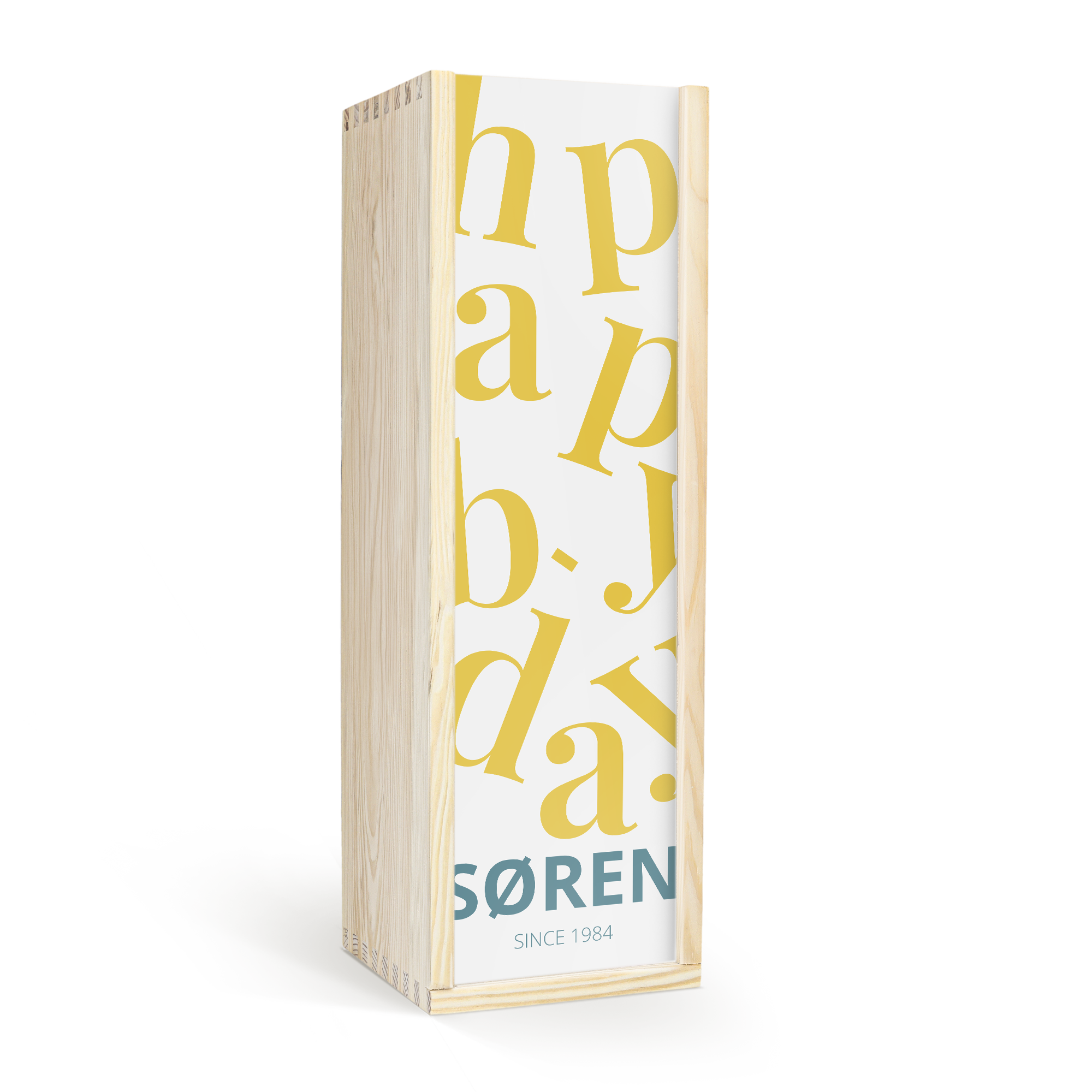 Trækasse med printet tekst "Happy Birthday SØREN SINCE 1984" i gul og blå til en lækker flaske Grahams 20 år