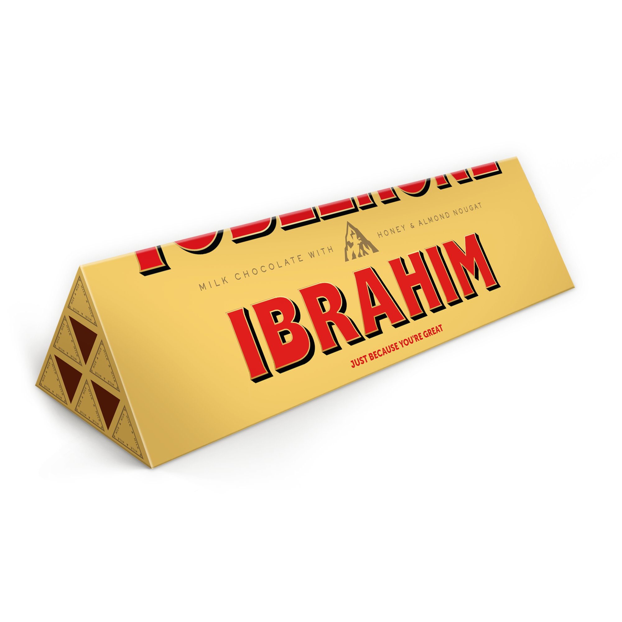 Personalizirana ploščica Toblerone - 1800 gramov z natisnjenim imenom Ibrahim in sporočilom.
