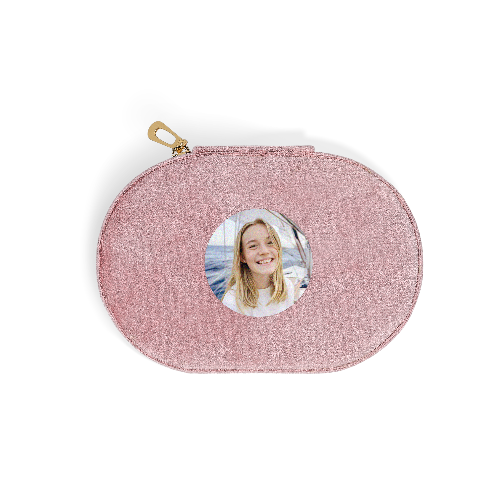 Personligt smyckeskrin - Oval - Rosa med eget foto, perfekt för förvaring.