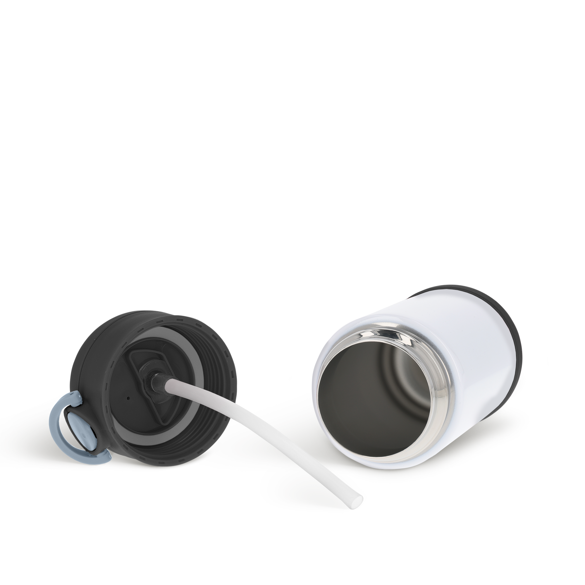 Personalisierte Edelstahl-Trinkflasche für Kinder mit schwarzem Deckel und Strohhalm