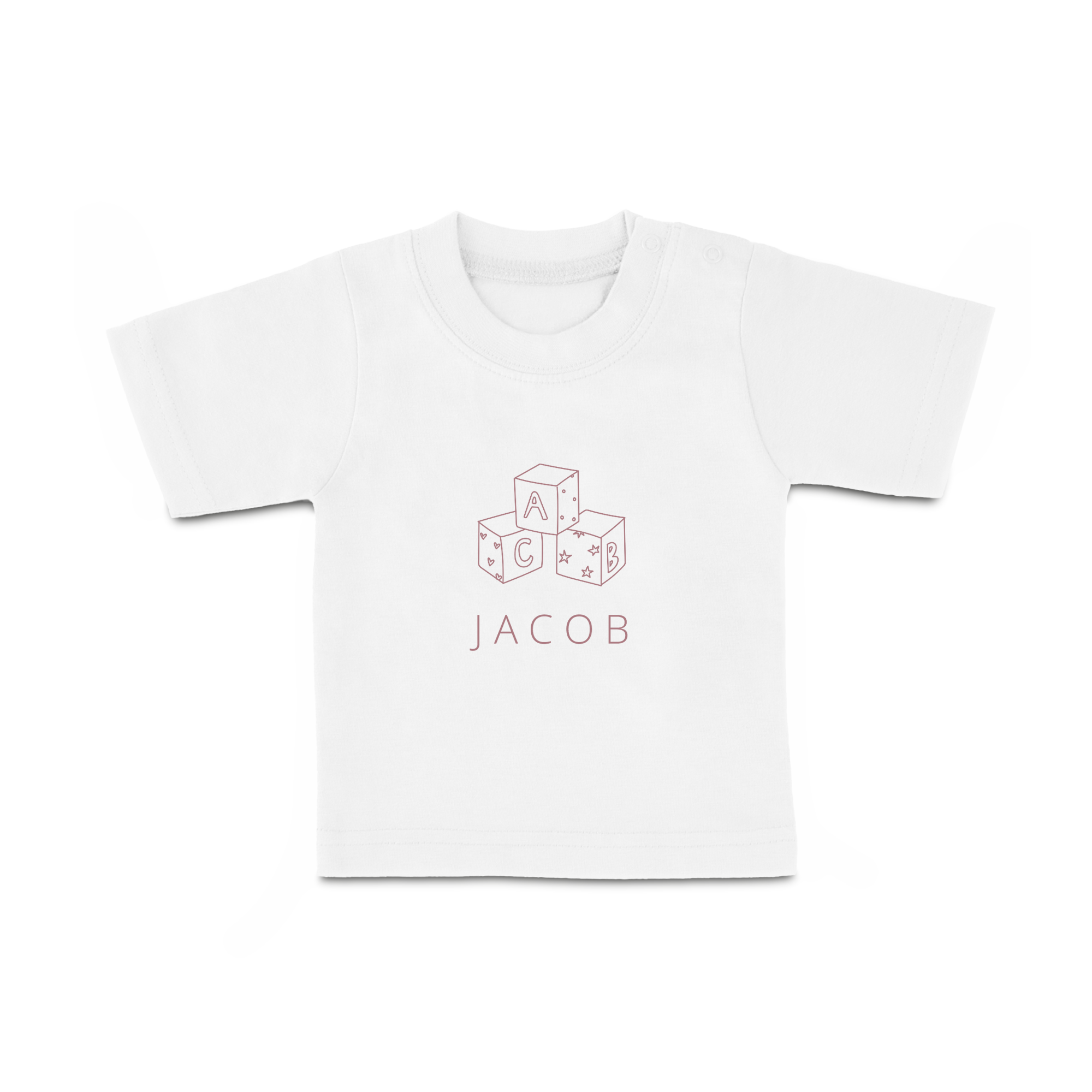 Tricou alb personalizat pentru bebeluși, imprimat cu blocuri de jucărie cu litere A, C, B și numele Jacob.