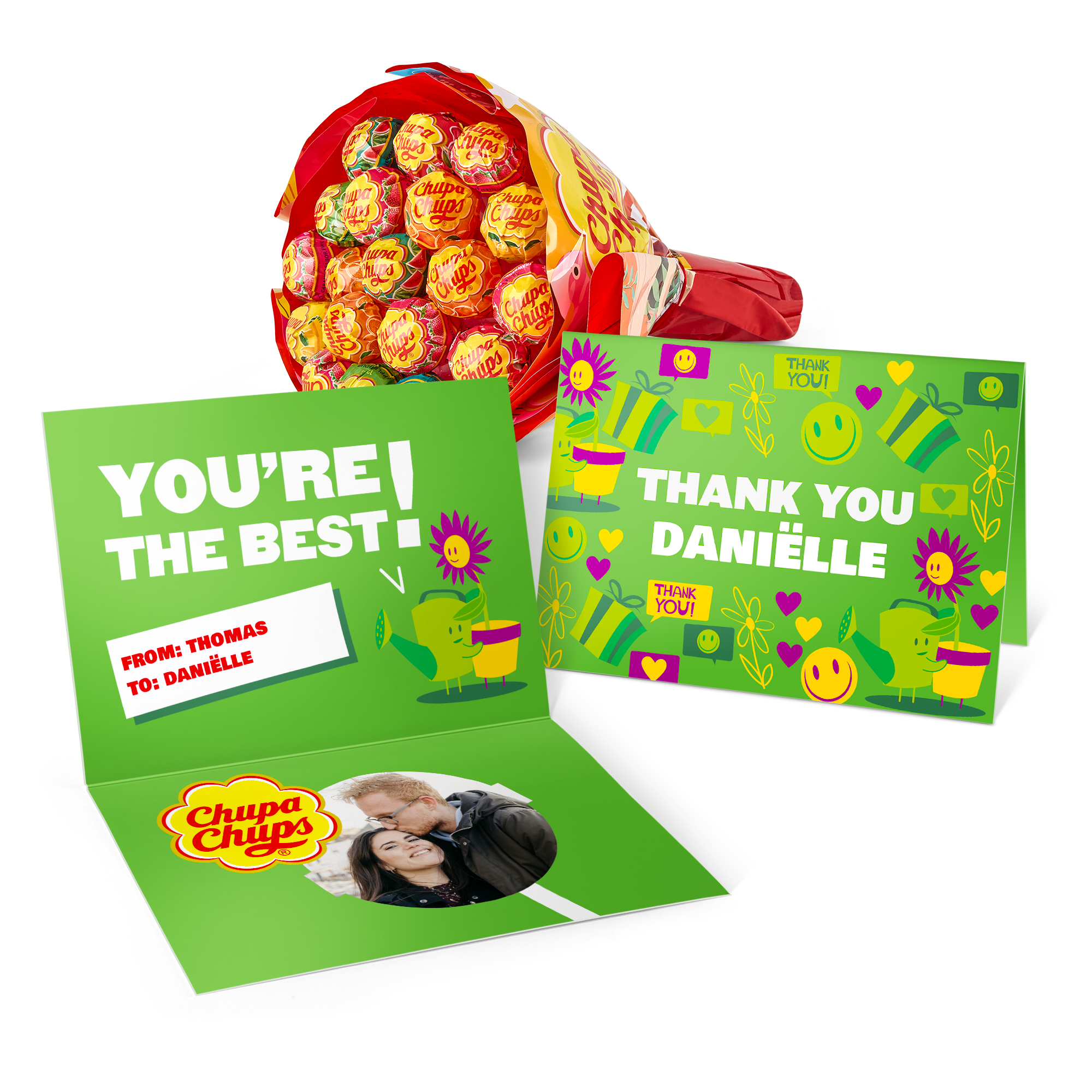 A bouquet of Chupa Chups lollipops with a personalised card for Daniëlle, featuring a photo and text.