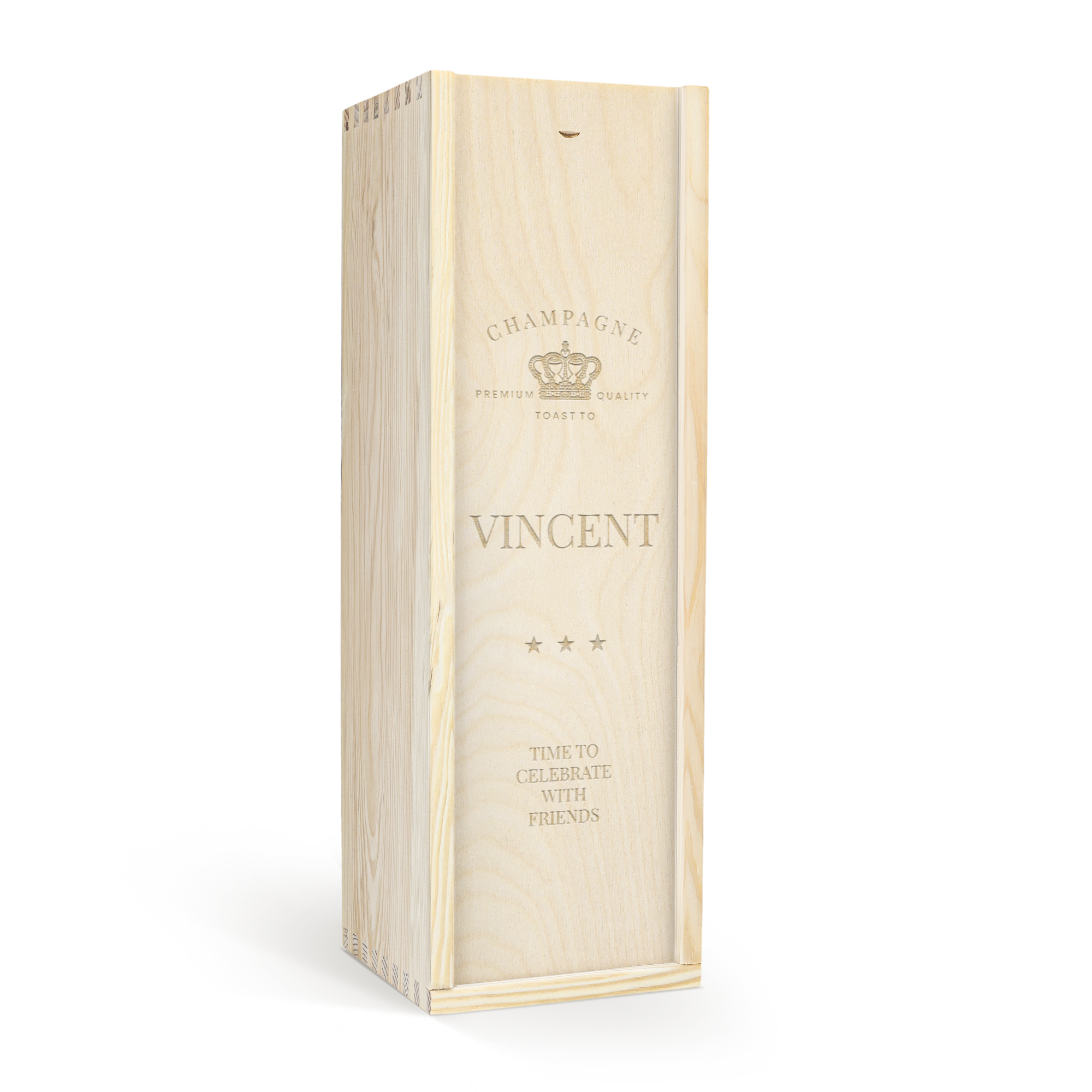 Luksusowe pudełko na wino z wygrawerowanym imieniem Vincent, koroną i napisem "Champagne"