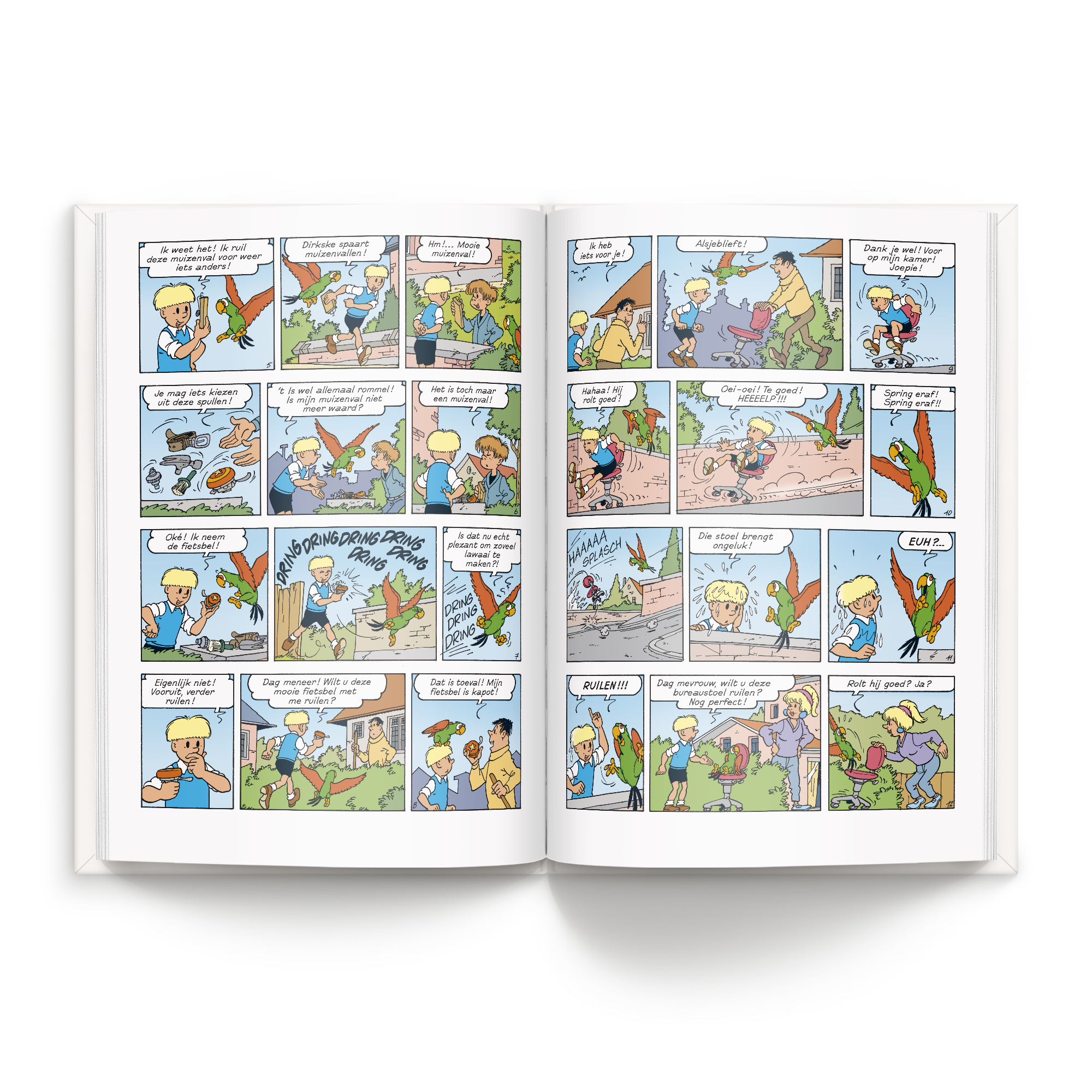 Een geopend Persoonlijk stripboek - Jommeke 'Het vreemde avontuur' (Hardcover) met kleurrijke tekeningen en teksten uit het verhaal. Dit hardcover stripboek is te personaliseren met een eigen naam.