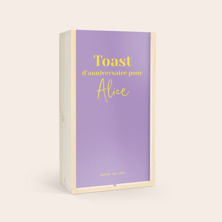 Caisse de vin personnalisée Caisse à vin en bois personnalisée pour deux bouteilles avec impression "Toast d'anniversaire pour Alice"