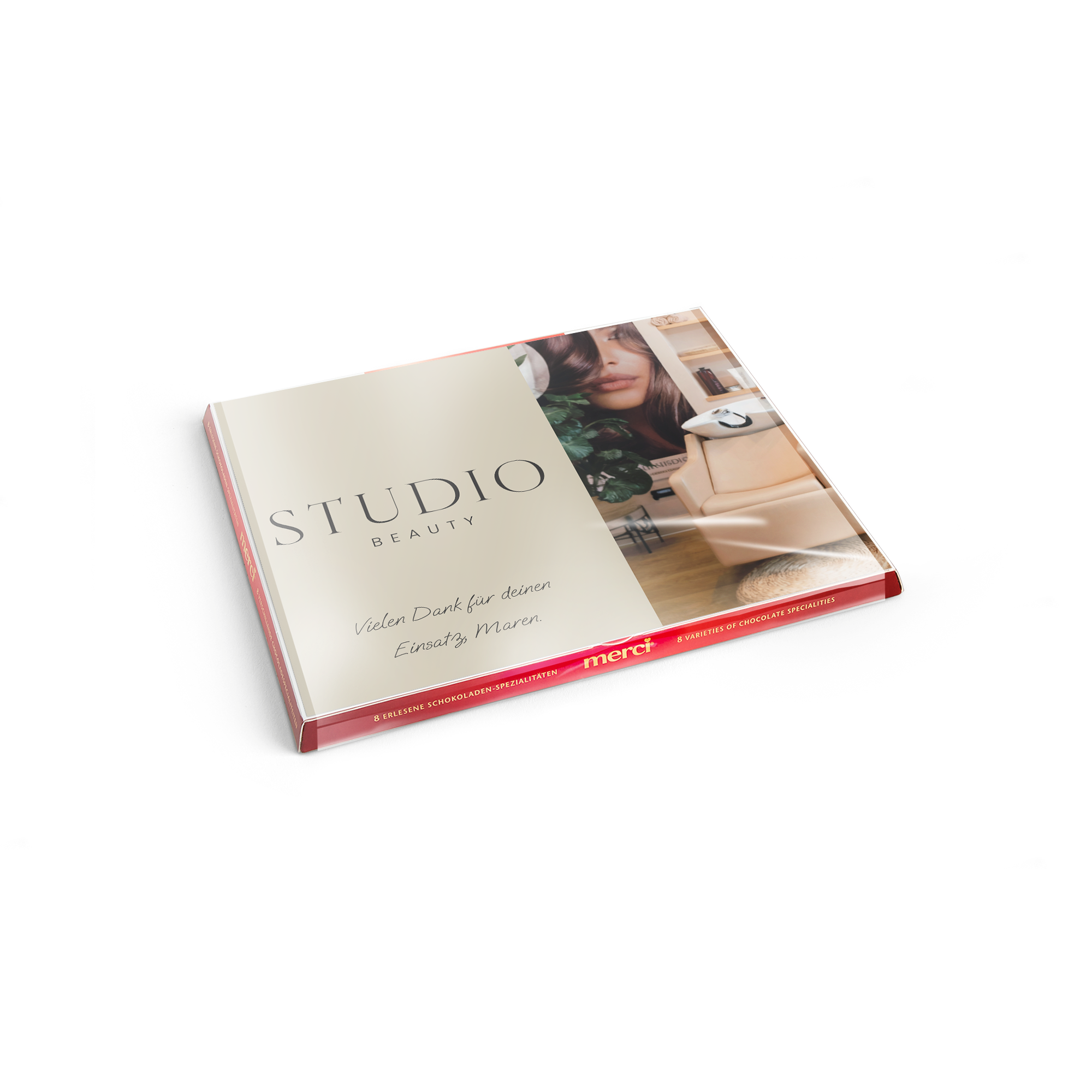 Merci Schokolade mit personalisierter Grußkarte – 250 Gramm, bedruckt mit eigenem Foto und Text "Vielen Dank für deinen Einsatz, Maren"