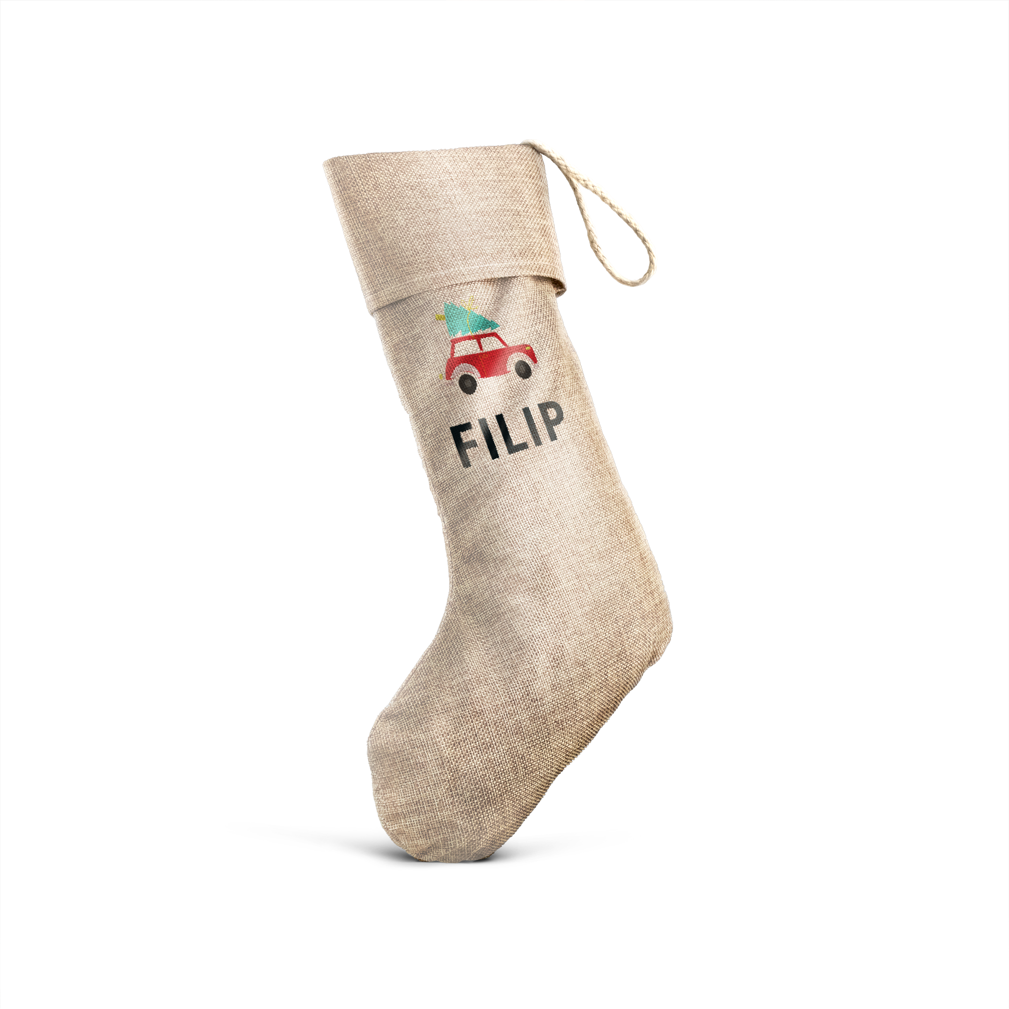 Personlig julestrømpe i strie, trykket med navn "FILIP" og en rød bil med juletre på taket.