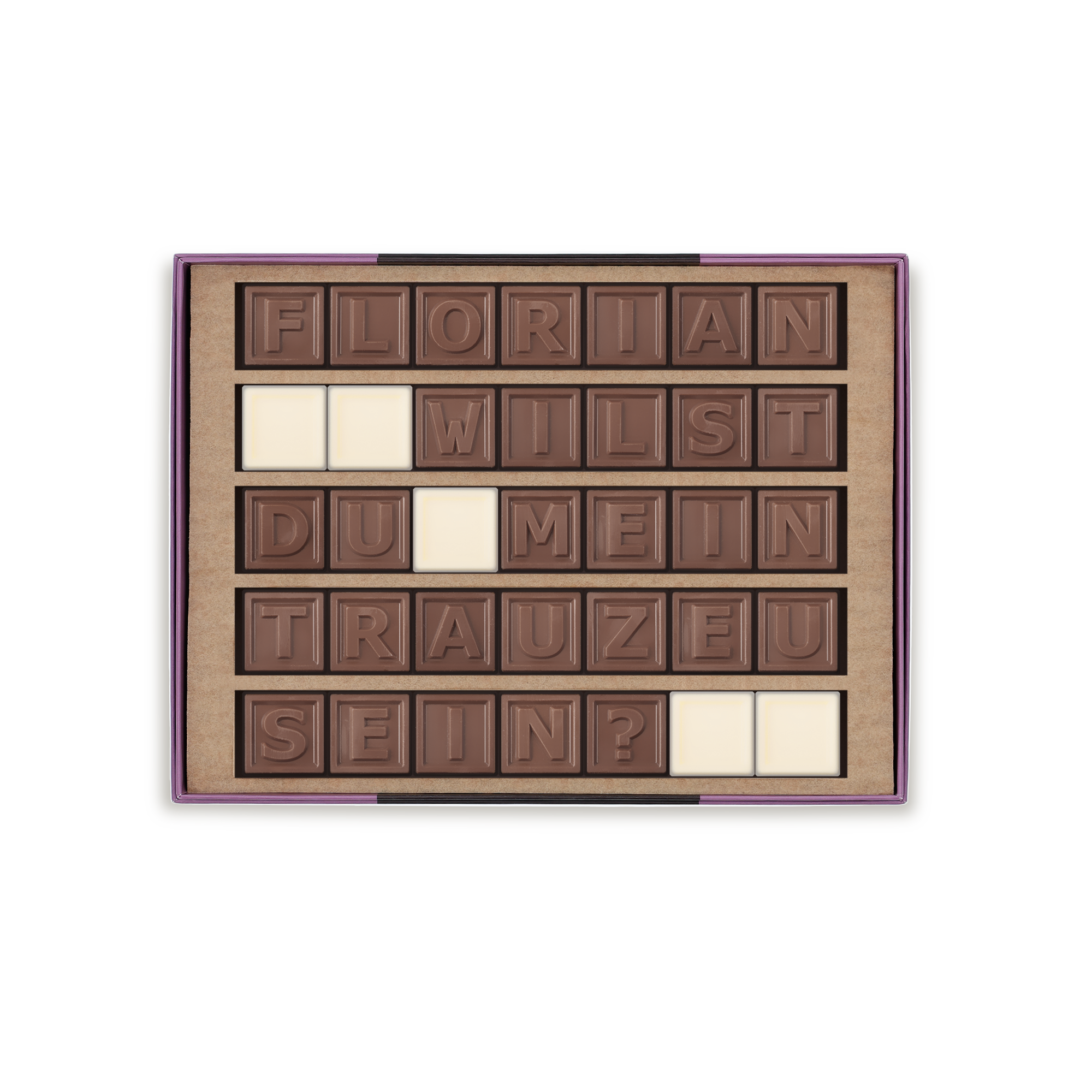 Dein persönliches Schoko-Telegramm mit der Nachricht "FLORIAN WILST DU MEIN TRAUZEUGE SEIN?" aus Milch- und weißer Schokolade