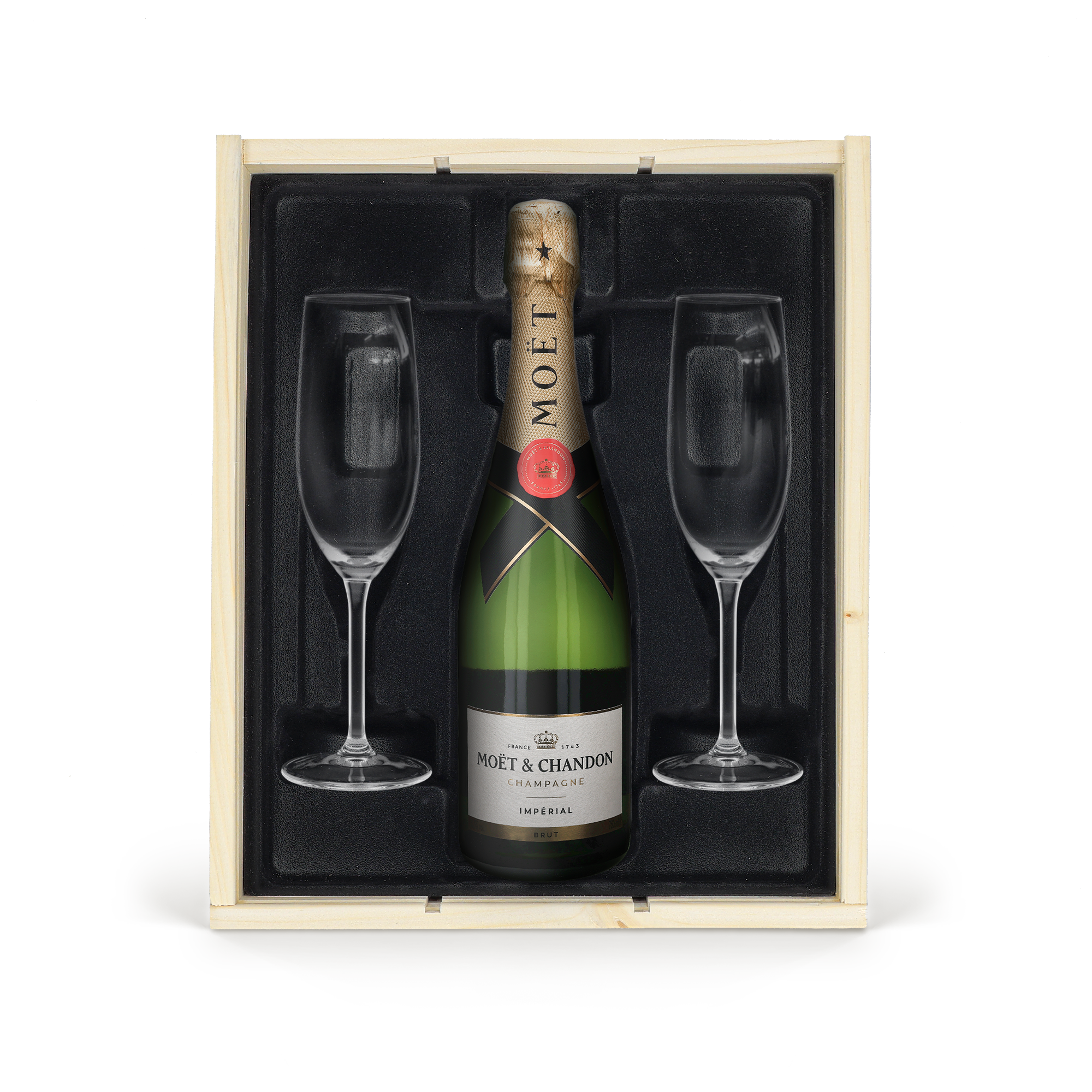 Lujoso set de regalo de champán Moet & Chandon con dos copas en caja de madera para personalizar la tapa grabada.